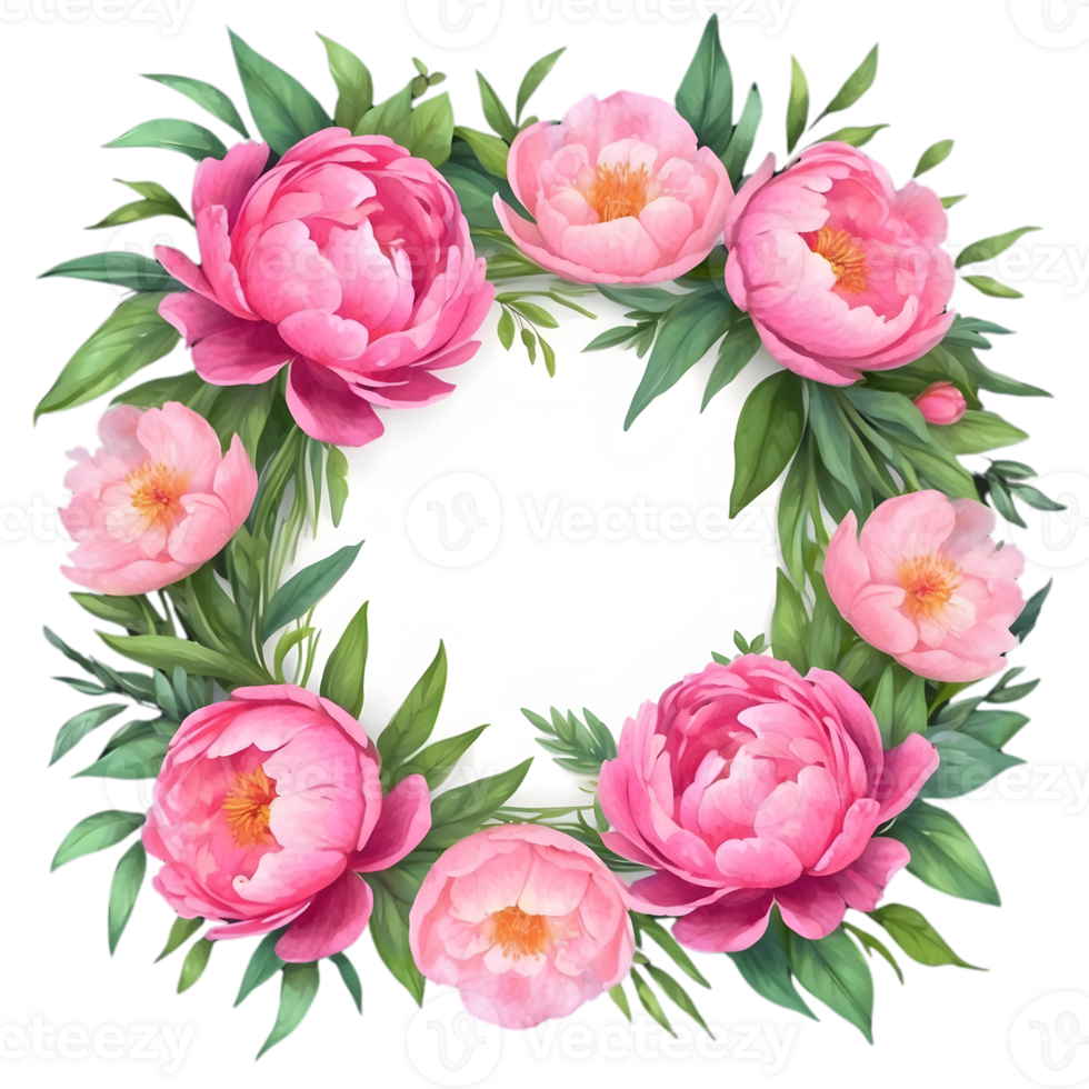 AI generated watercolor pink -color peony flower wreath png