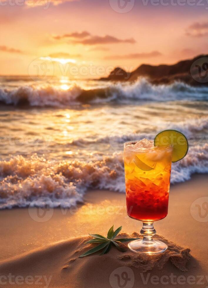 AI generated Cocktail on the beach at sunset. Colorful summer background. ai generative photo