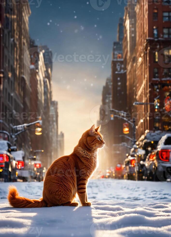 AI generated Ginger cat sitting on snow and looking at camera. Winter background. ai generative photo