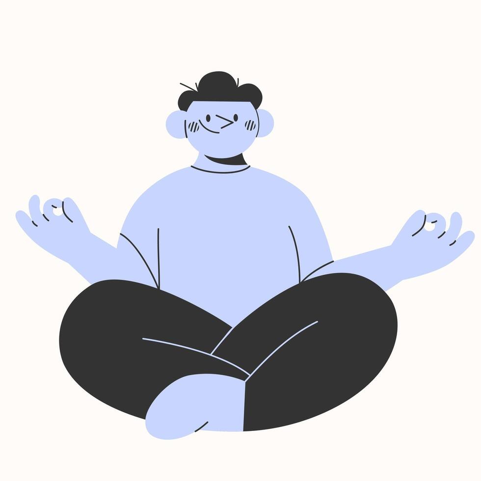 Man in a yoga lotus pose.Meditation practice. Concept of zen and harmony. Fitness, sport, training and yoga lifestyle concept. Hand drawn cartoon style character.Vector illustration EPS 10 vector