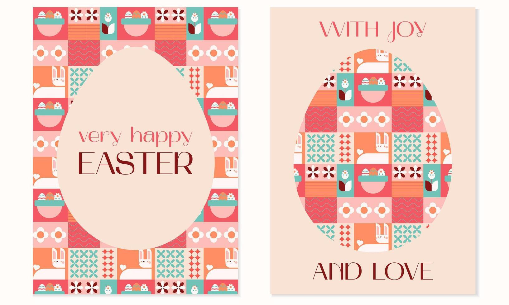 Happy Easter with joy and love geometric square bright flat greeting cards set. Easter eggs,rabbits,basket,eggs hunt.Vector illustration EPS 10 vector