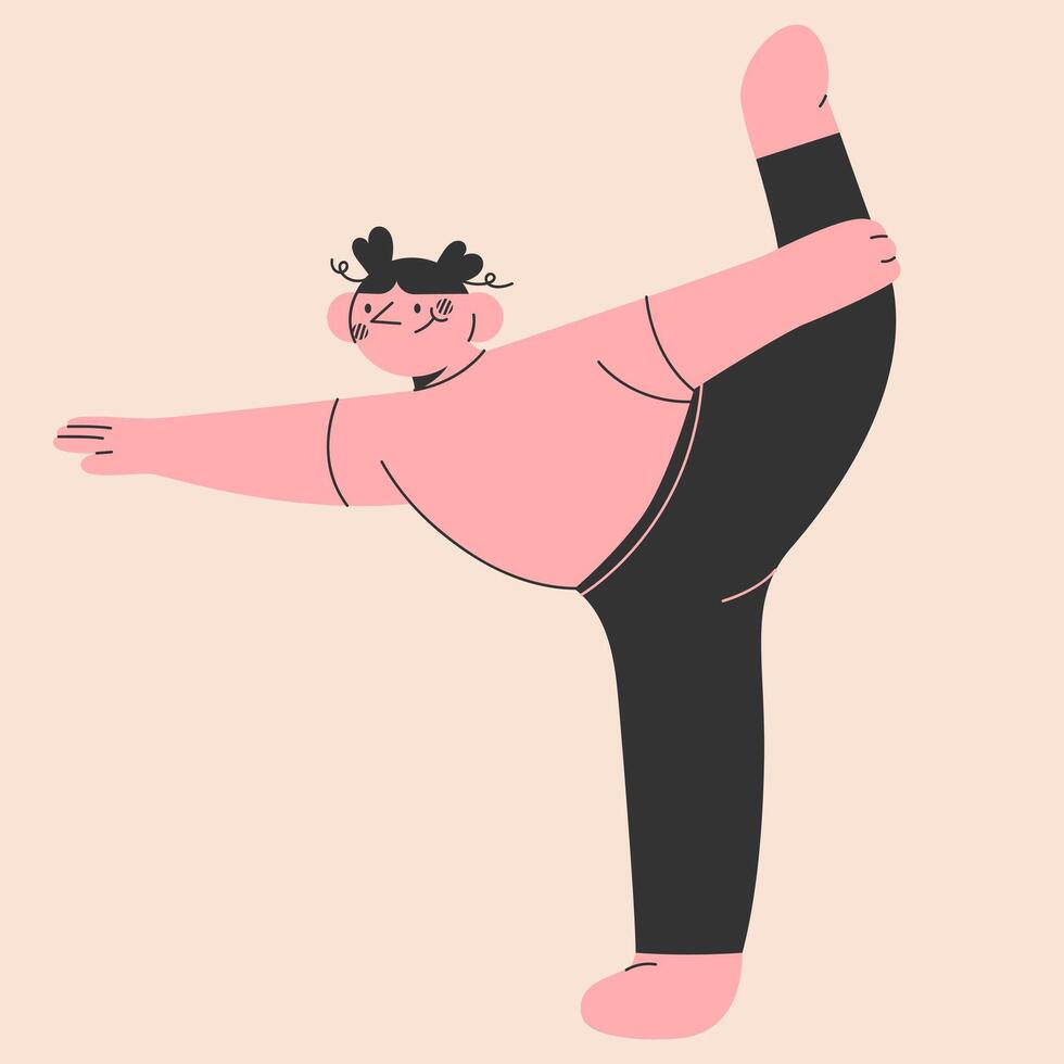 mujer en un yoga bailarín pose.meditación práctica. concepto de zen y armonía. aptitud física, deporte, formación y yoga estilo de vida concepto. mano dibujado dibujos animados estilo personaje.vector ilustración eps 10 vector