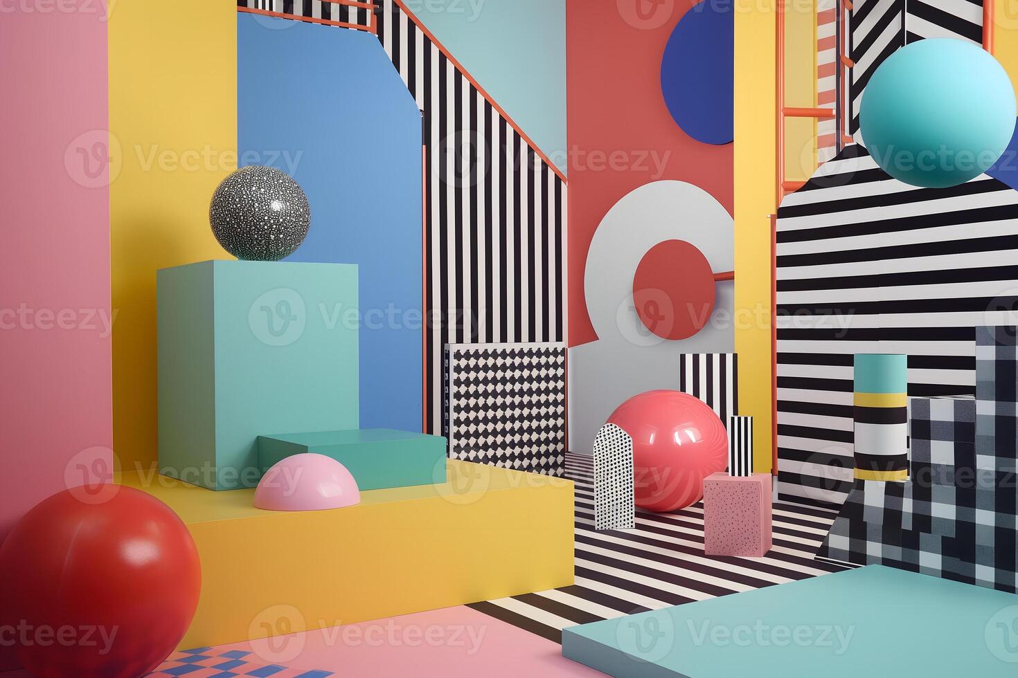 AI Generated abstract background of playful convergence of 2D pop-art graphics and 3D geometric shapes creating a vibrant multiverse portal, embodying high-energy and big-impact visuals photo