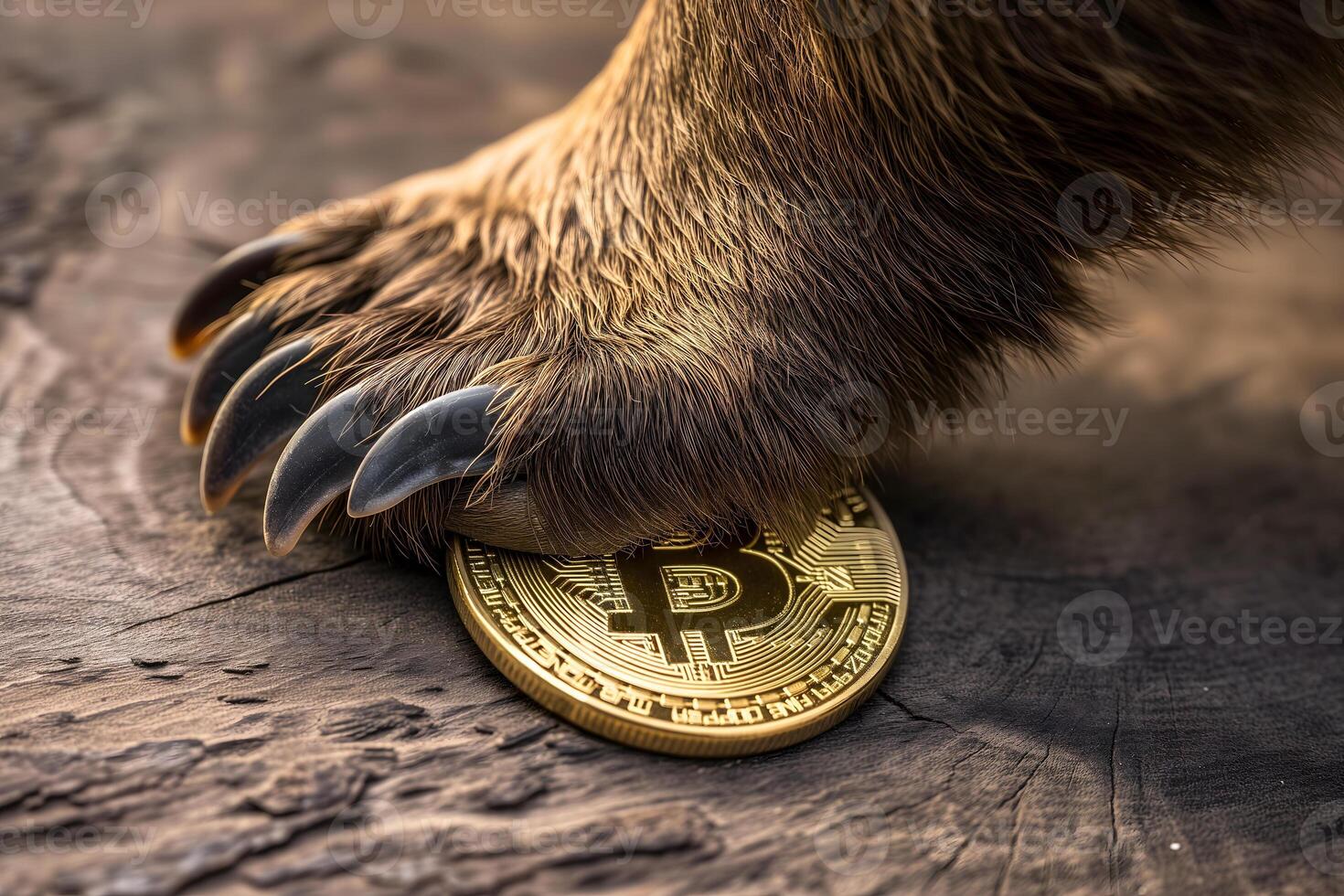 AI Generated Bear paw stomping and holding down bitcoin shiner. photo
