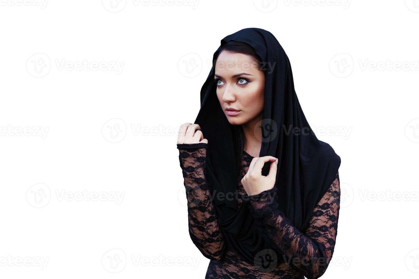 beautiful woman covers her head with hi jab.fashionable arabian style girl.beauty portrait photo