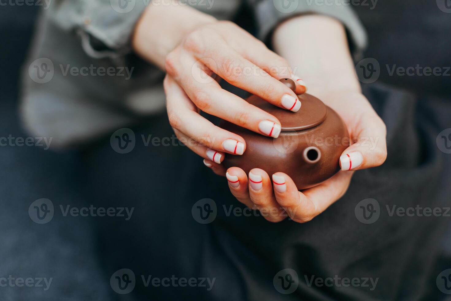 Chinese tea ceremony Asian wooden table board chaban top view copy space morning energy. photo