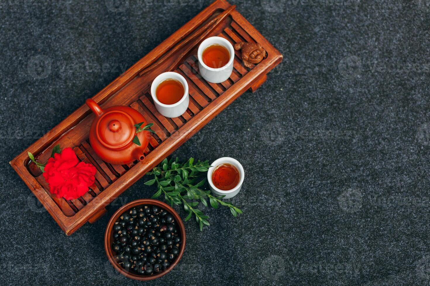 Chinese tea ceremony Asian wooden table board chaban top view copy space morning energy. photo