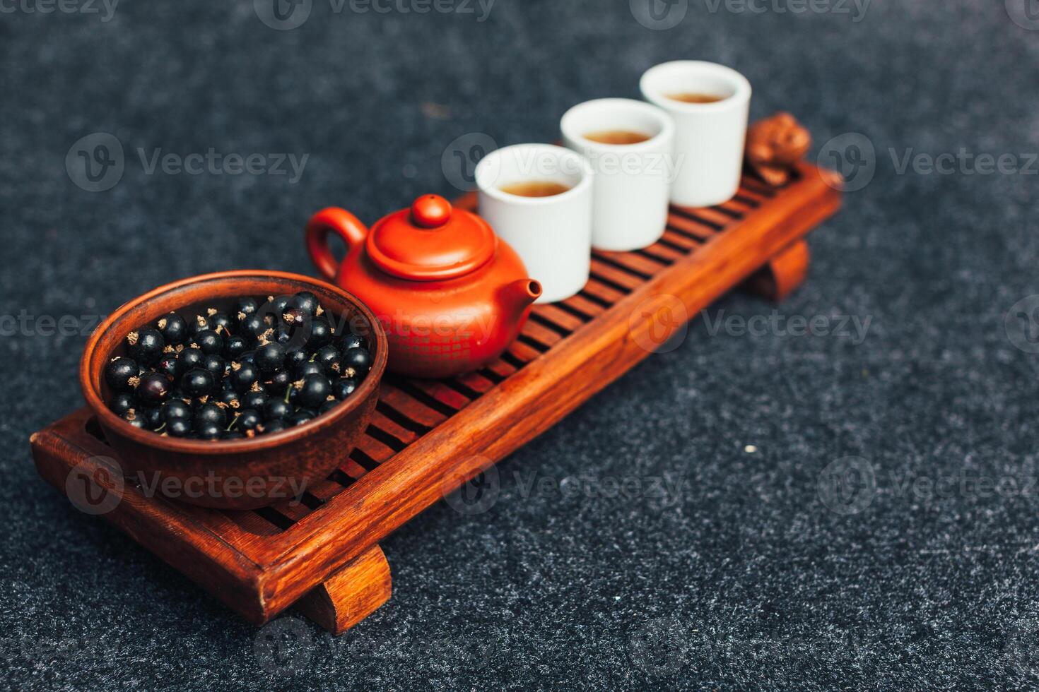 Chinese tea ceremony Asian wooden table board chaban top view copy space morning energy. photo