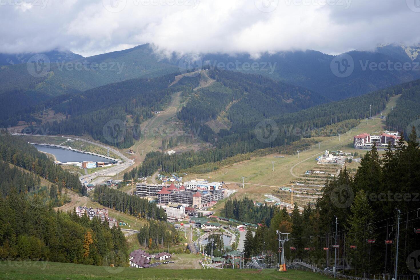 Bukovel, Ukraine October 2020 Autumn season in ski mountain resort photo
