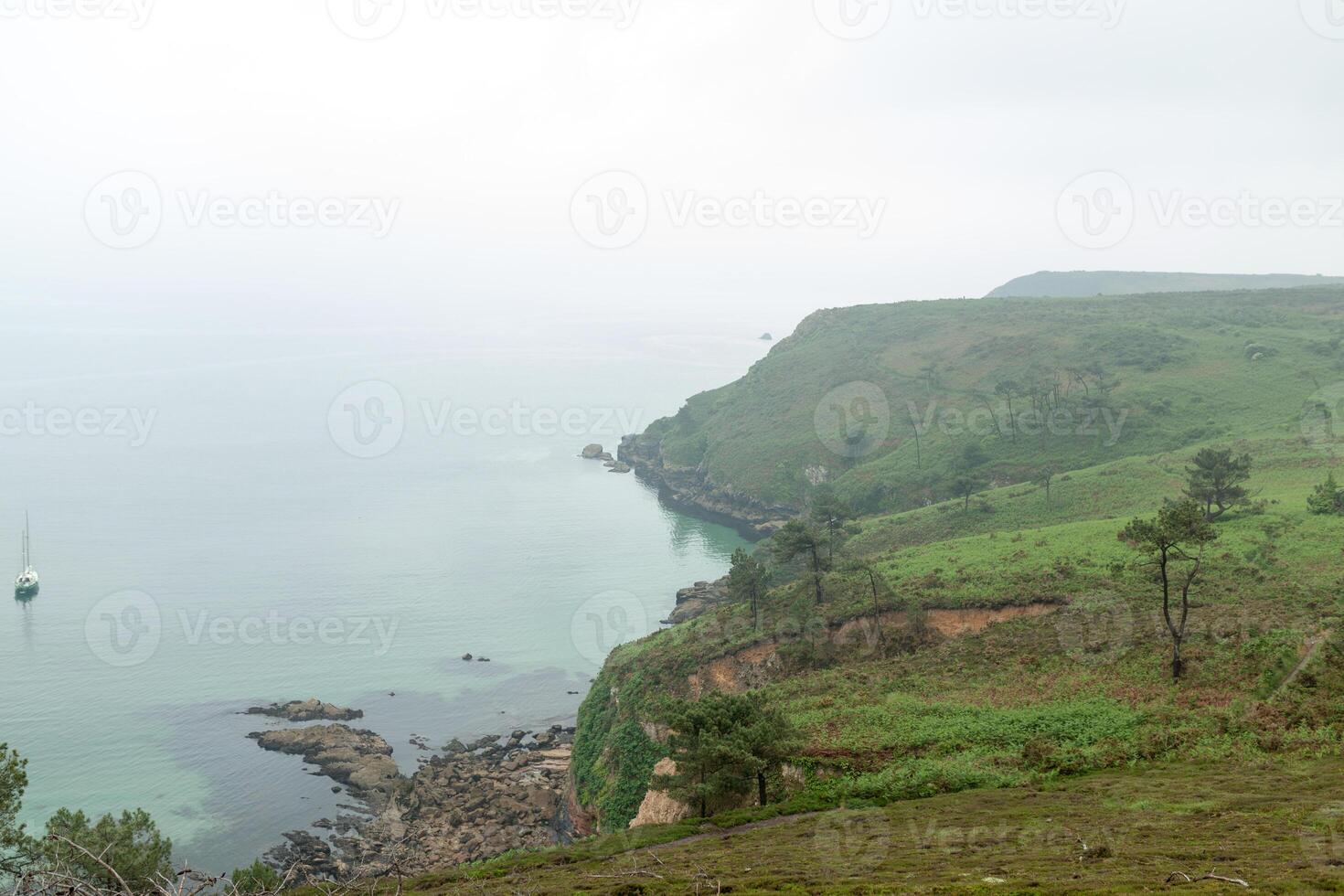 foggy day on the coast with green grass on the rocks Crozon, France 29 May 2018 photo