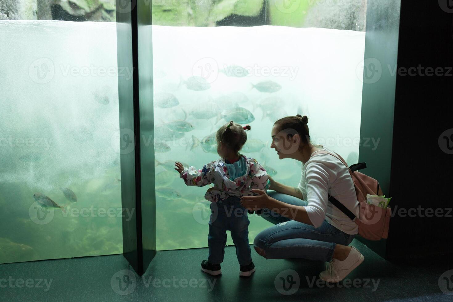 Brest, France 31 May 2018 Mom and his little daughter are looking at sea fish and animals in the aquarium of the Oceanopolis photo