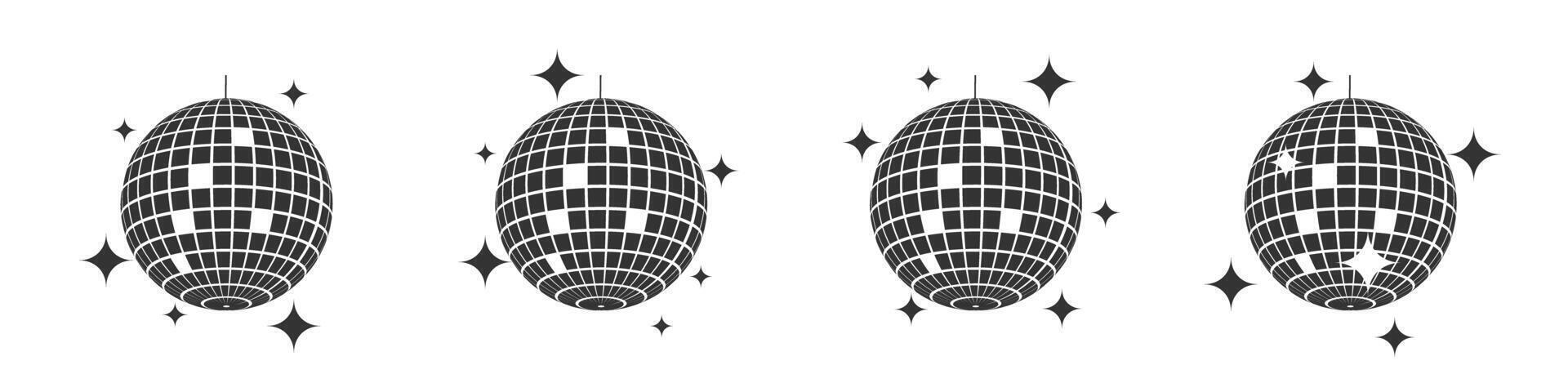 Discoballs with glitters. Set of vintage shining nightclub spheres. Dance music party glitterballs. Vintage mirror balls in 70s 80s 90s discotheque style. Nigh life symbols vector