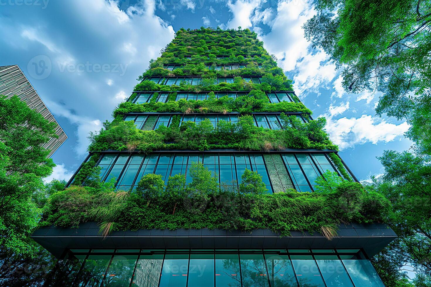 AI generated Towering skyscraper adorned with vertical gardens on multiple floors, symbolizing a harmonious coexistence of modern architecture and natural elements, vertical gardening photo