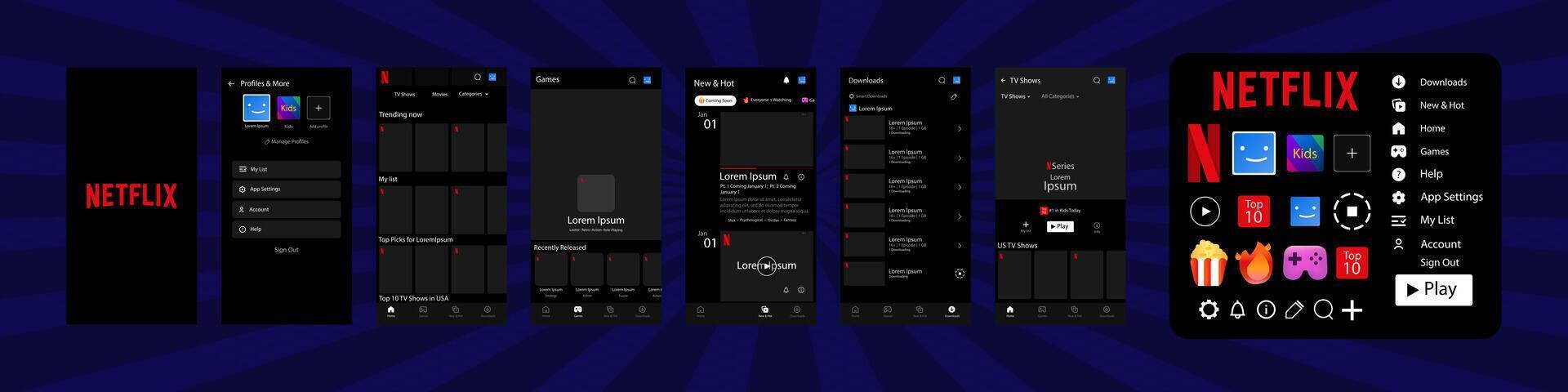 Netflix interface with button. Netflix screen social media, social network interface template. Homepage, netflix, new and hot, subscription, profile. Gradient background. Editorial vector
