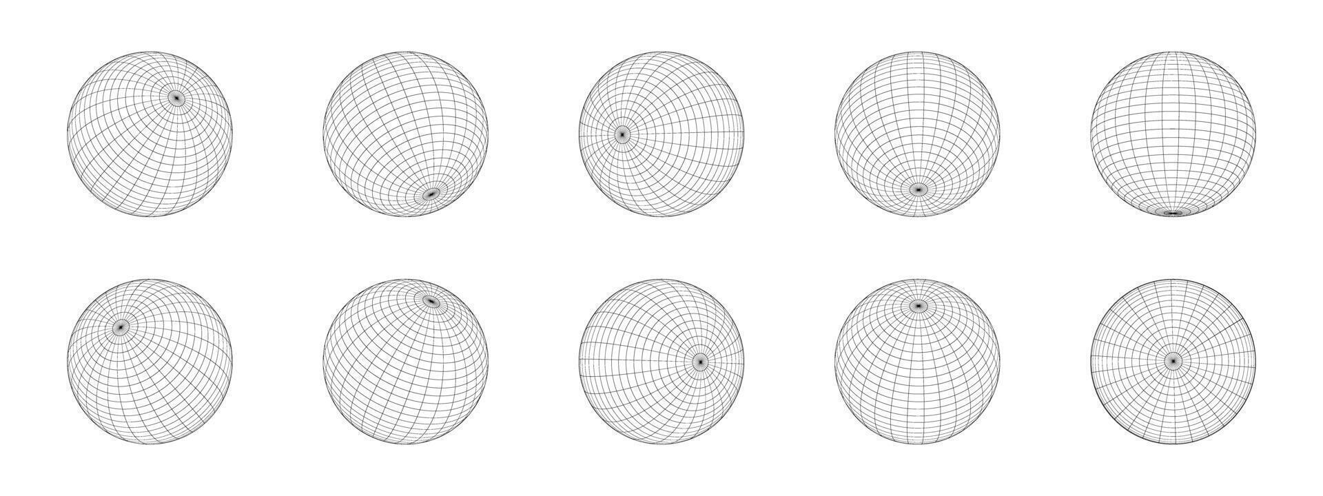 conjunto de 3d esfera estructura metálica íconos en diferente posiciones. orbe modelos, esférico formas, cuadrícula pelotas. tierra globo cifras con longitud y latitud, paralelo y meridiano líneas vector