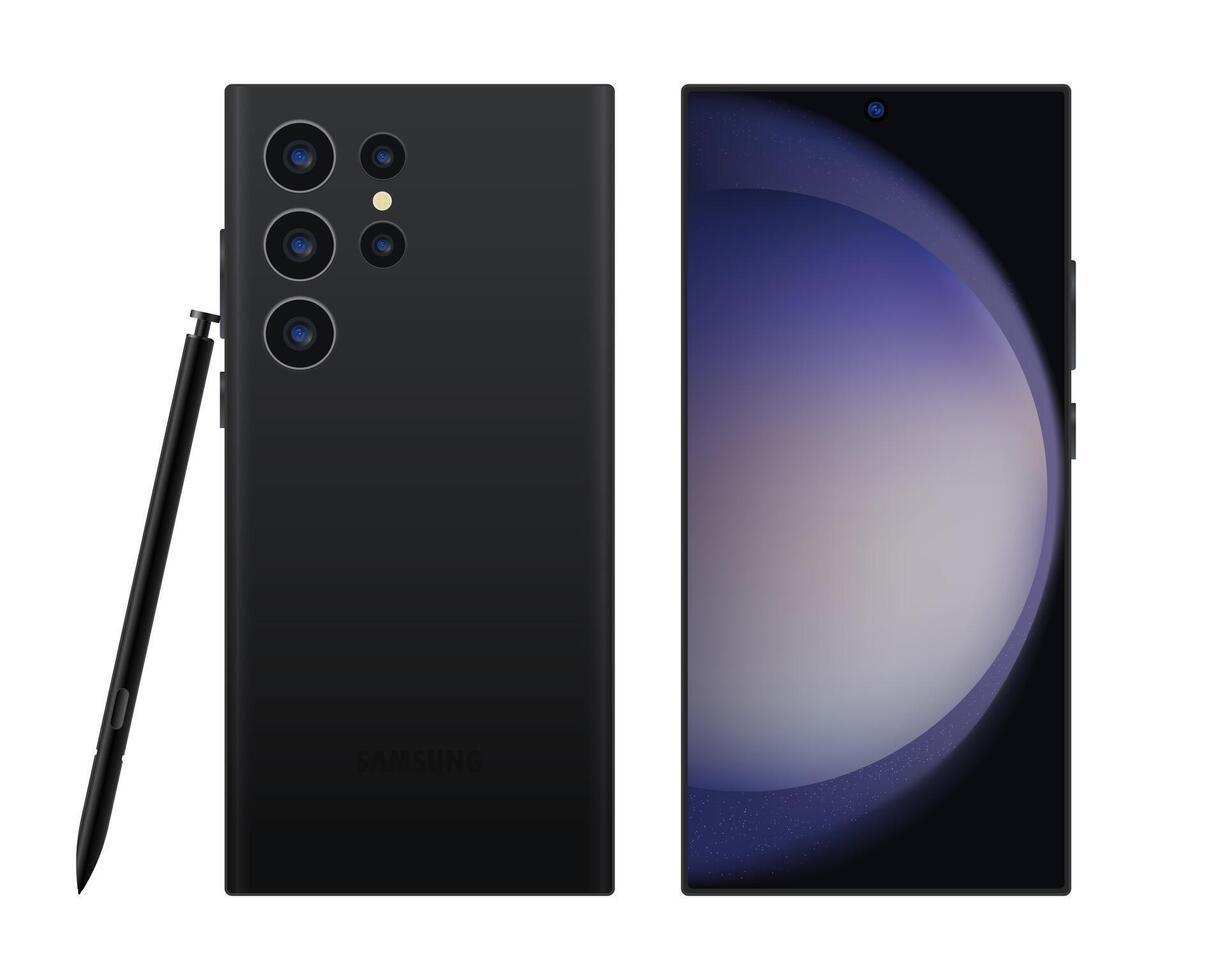 Samsung galaxia s23 ultra. oficial presentación de el nuevo buque insignia. nuevo Generacion teléfono inteligente teléfono con incorporado aguja. negro color. original fondo de pantalla en el pantalla. editorial vector
