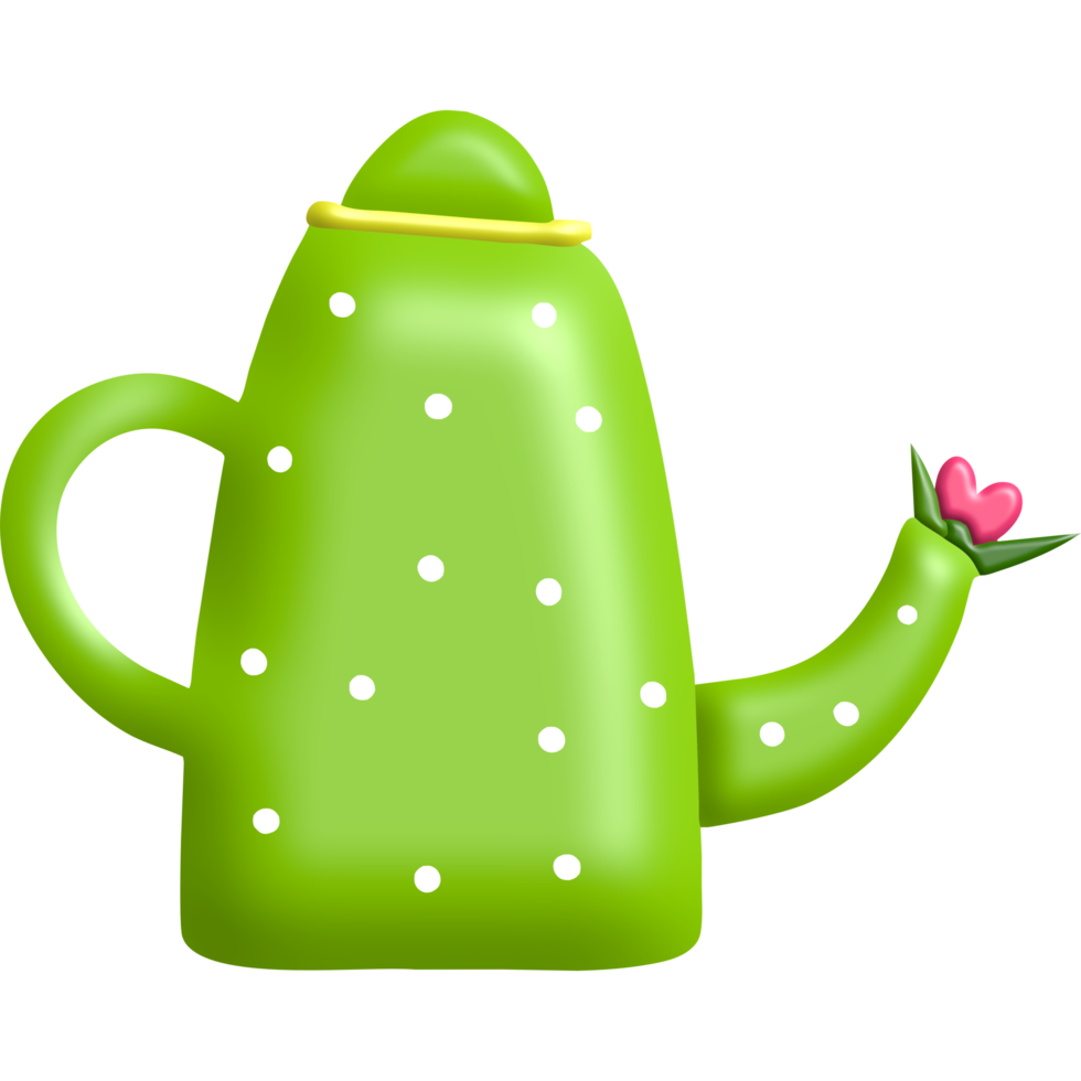 Green 3D watering can with white polka dots. There are small bright pink flowers at the end of the w png