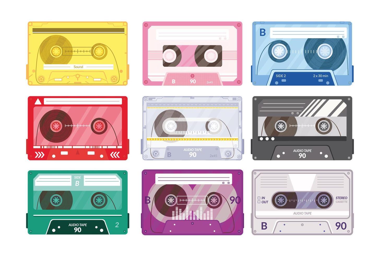 Vintage tape cassette. Retro mixtape, 1980s pop songs tapes and stereo music cassettes. 90s hifi disco dance audiocassette, analogue player record cassette. Isolated symbols vector set