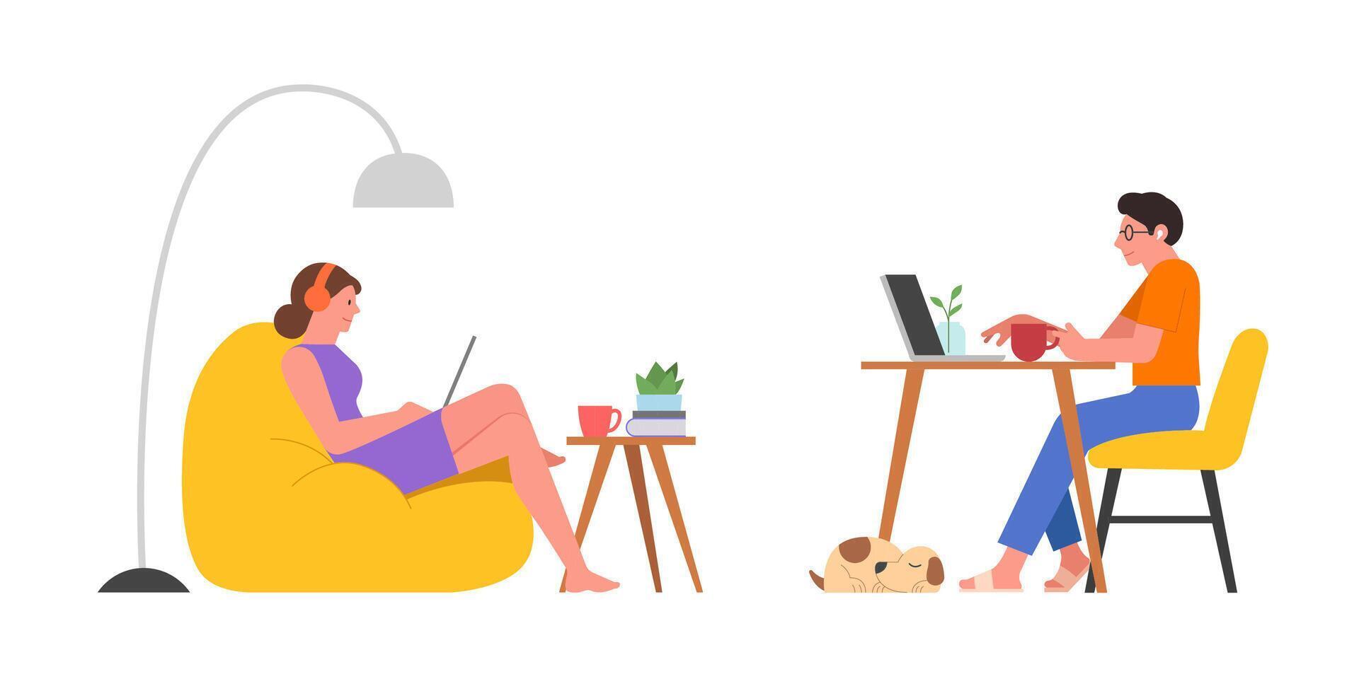 Working from home and coworkining space, Illustration of freelance concept, Working with laptop and computer at home, Flat vector set