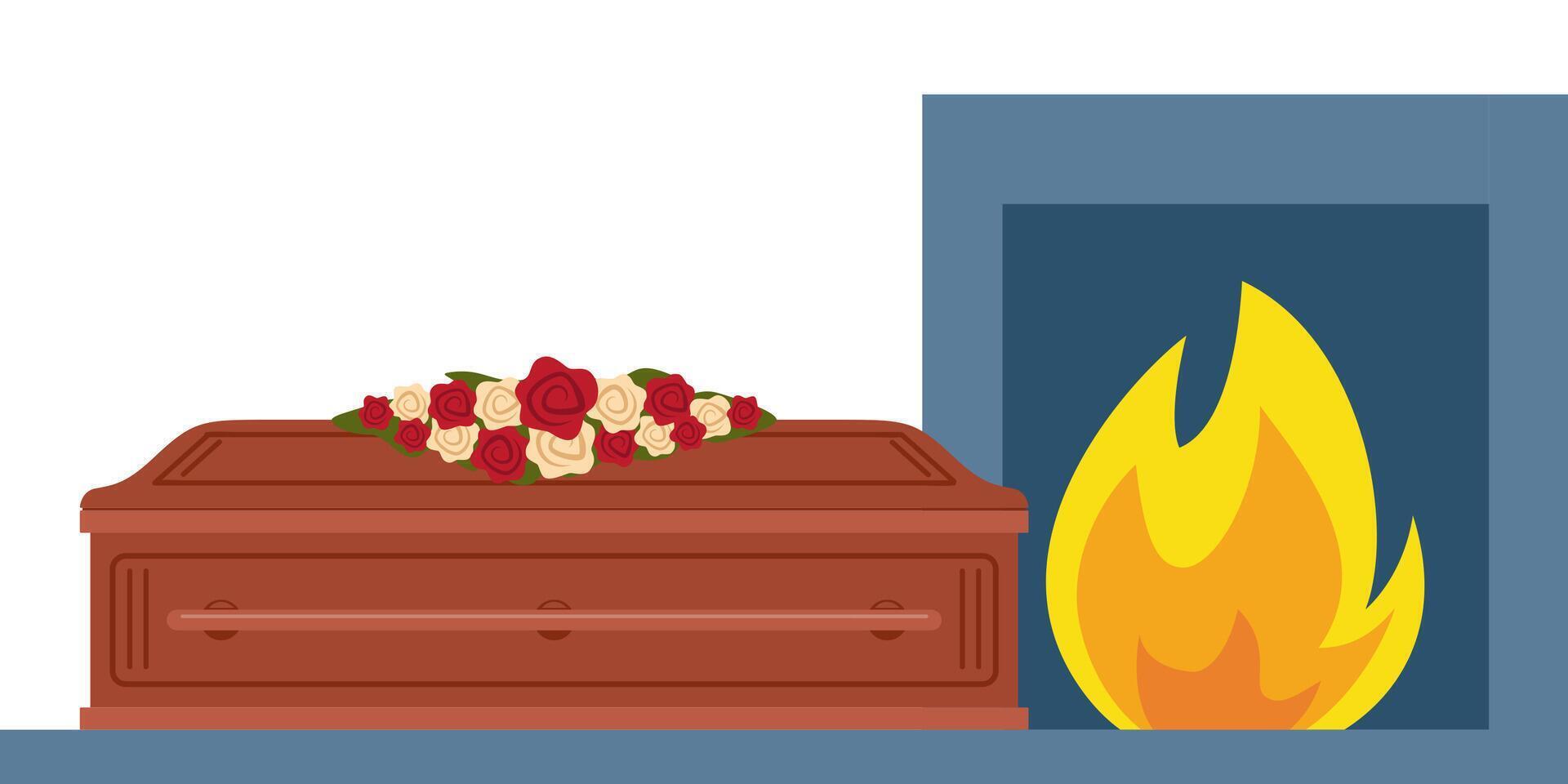 Cremation. Coffin and fire. Process of cremation in the crematorium. Vector illustration.
