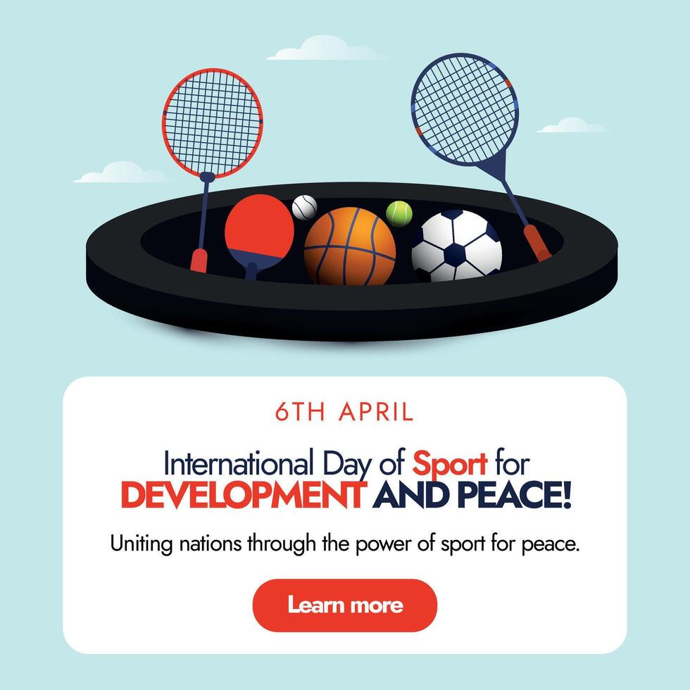 International day of sports for development and peace celebration banner. 6th April IDSDP banner, social media post with different sports equipment icons. Uniting nations through sports for peace vector