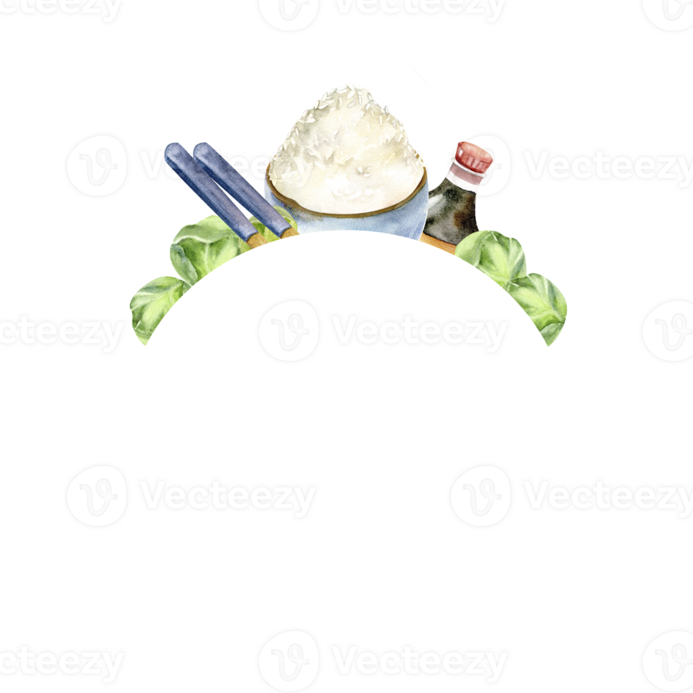 Watercolor asian food round frame. Rice in ceramic bowl with chopsticks , soy sauce in bottle and green brussels's cabbage. Hand drawn clip art for menu, restaurant, cafe , kitchen poster design png