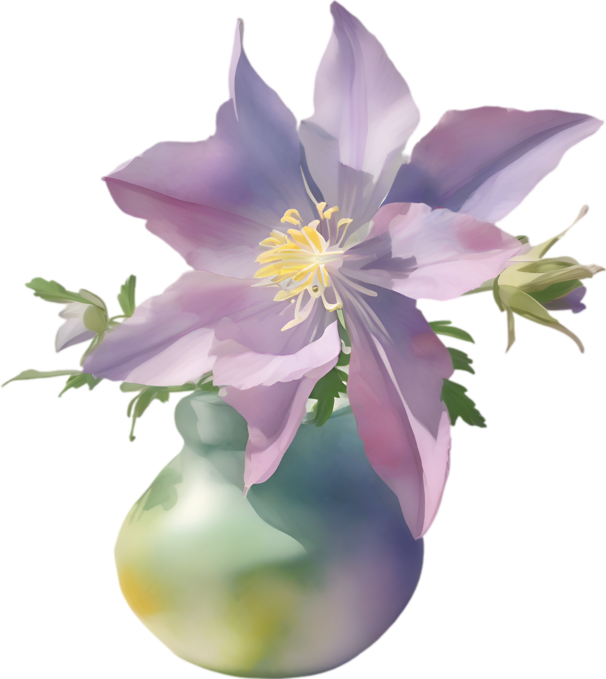 AI generated A vase of Columbine flowers, a watercolor painting of a vase of Columbine flowers. png