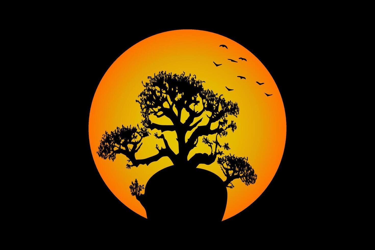 boab tree with sun and birds flying. Baobab Tree landscape Australian patriotic symbol. Andasonia tree silhouette icon and sun light gradient, vector isolated on black background