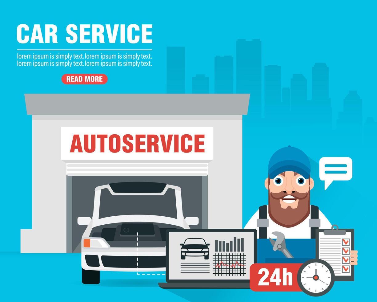 Autoservice, computer diagnostics car, concept flat design vector