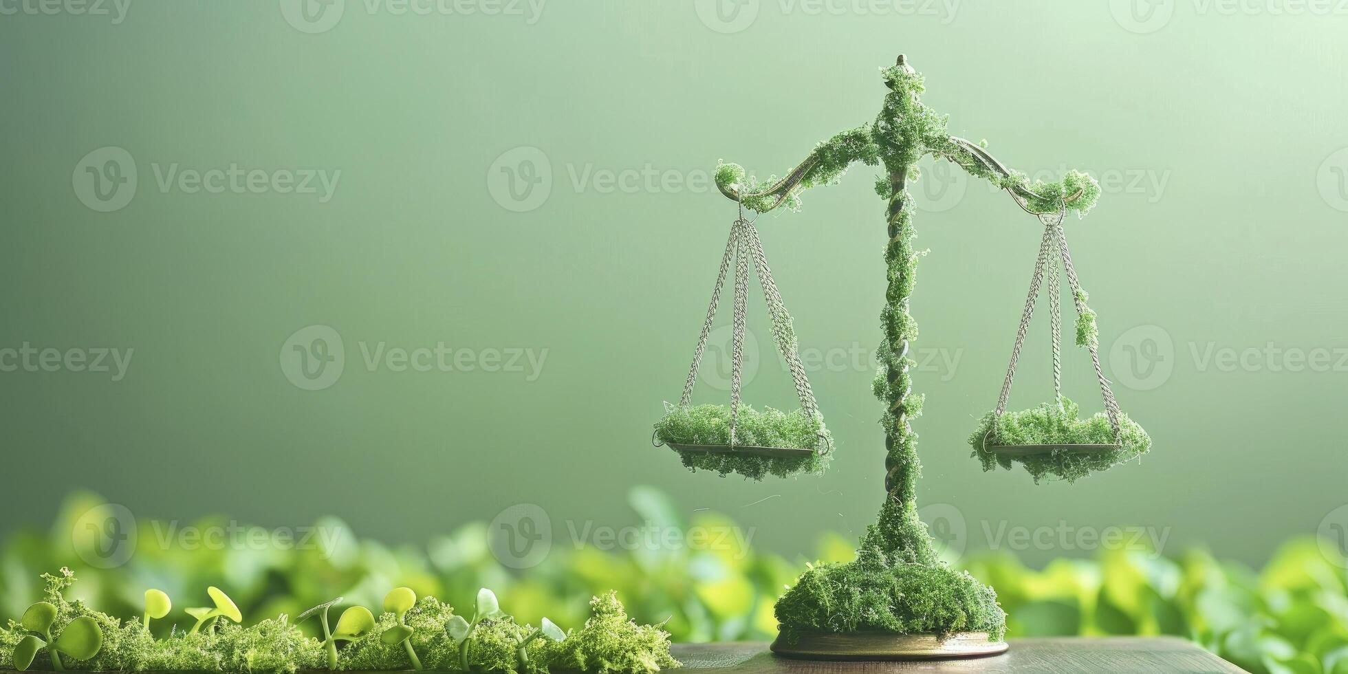 AI generated Balancing Act, Symbolizing Harmony between Law and Environmental Sustainability, where Scales Represent the Pursuit of Ecological Justice and Maintaining an Eco-Equilibrium within Legal. photo