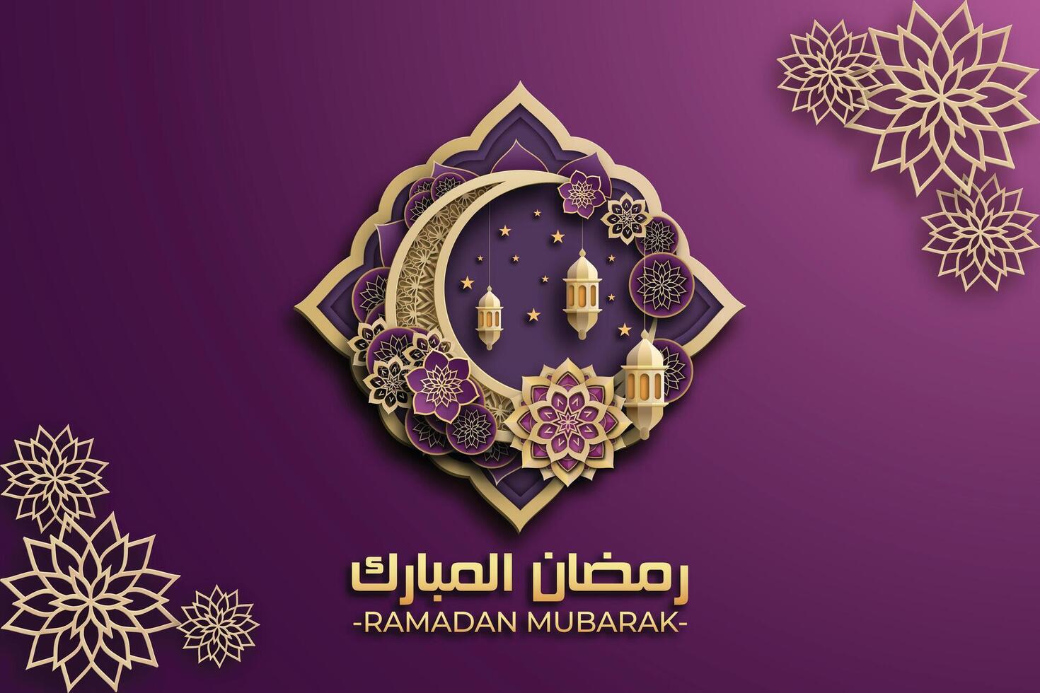 Ramadán Mubarak plantilla, utilizando 3d corte de papel elementos de islámico linternas, estrellas, y un creciente luna.la Violeta antecedentes exudar calor y espiritualidad. vector