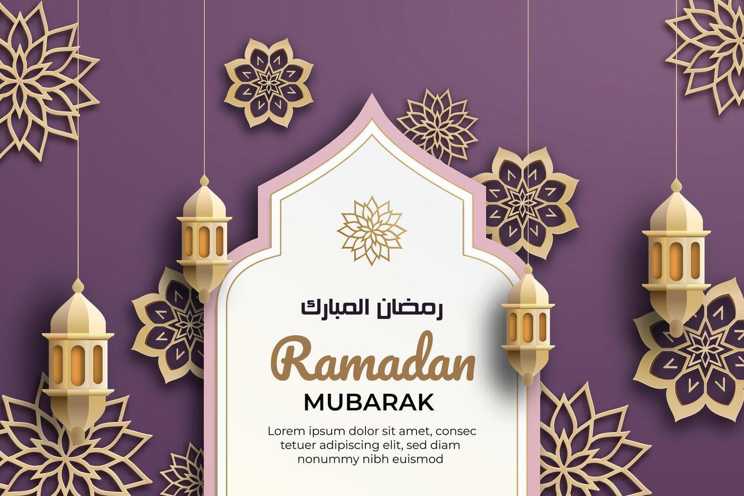 Ramadan Mubarak template, using 3D paper-cut elements of Islamic lanterns, stars, and a crescent moon.The violet background exude warmth and spirituality. vector
