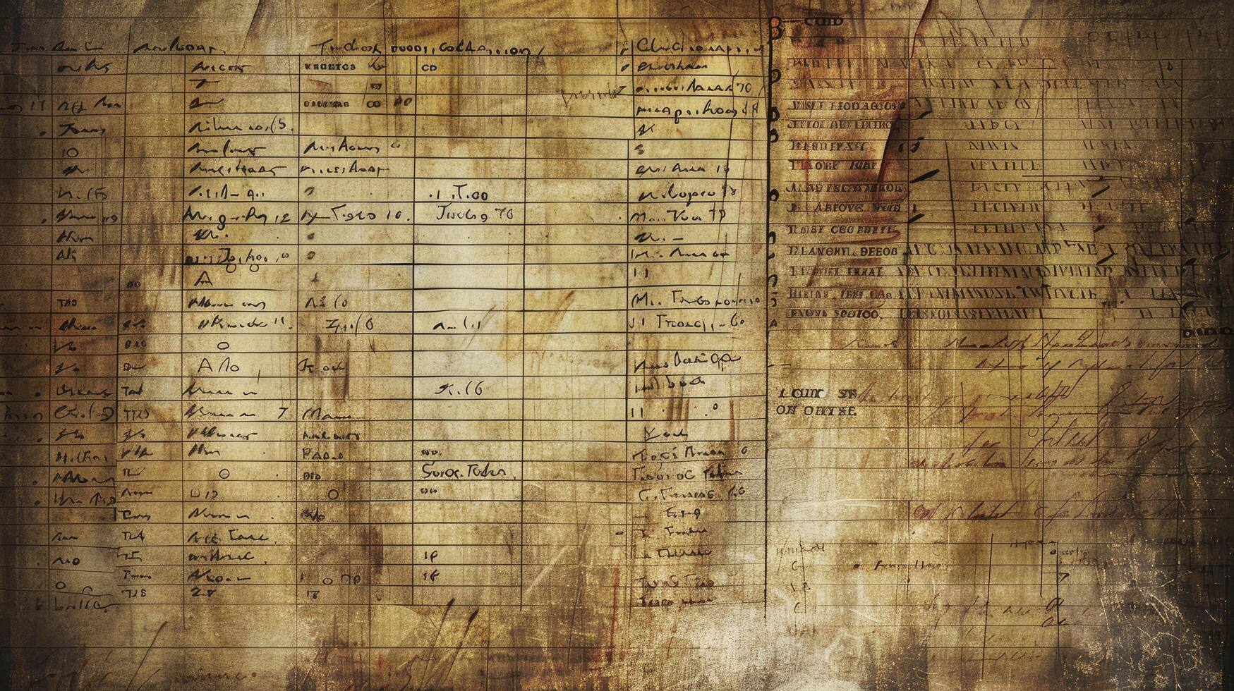 AI generated Antique Ledger Texture, Weathered with Faded Writing and Tabulations, Evoking Vintage Charm for Junk Journal Backgrounds photo