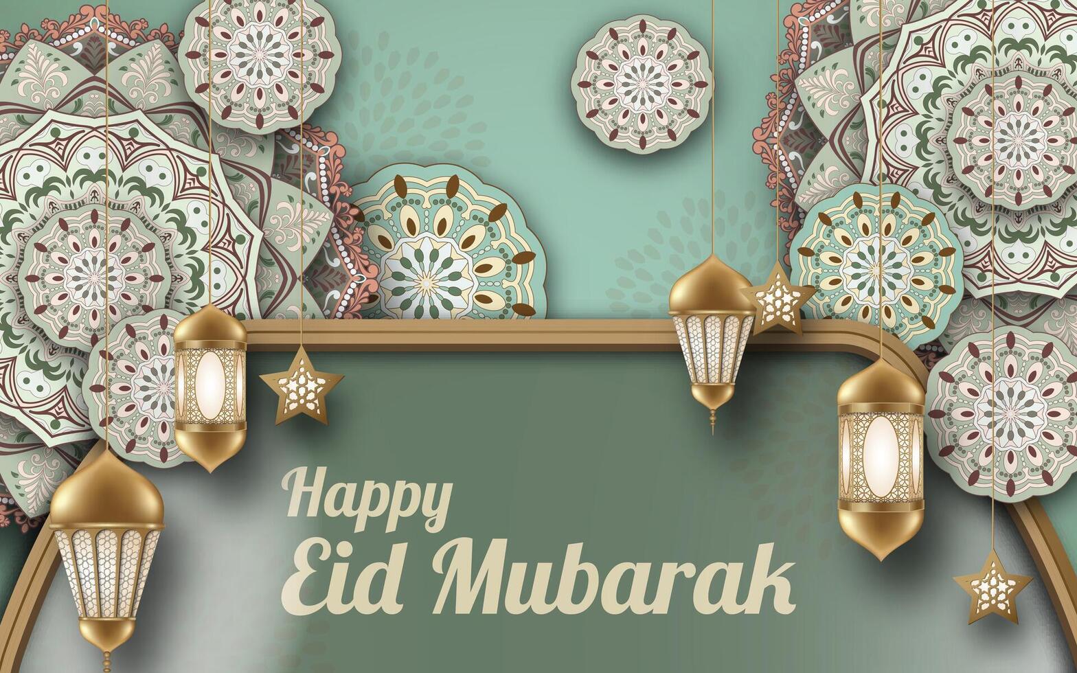 un contento eid Mubarak saludo tarjeta con un mandala colorido, linterna y marco islámico. vector