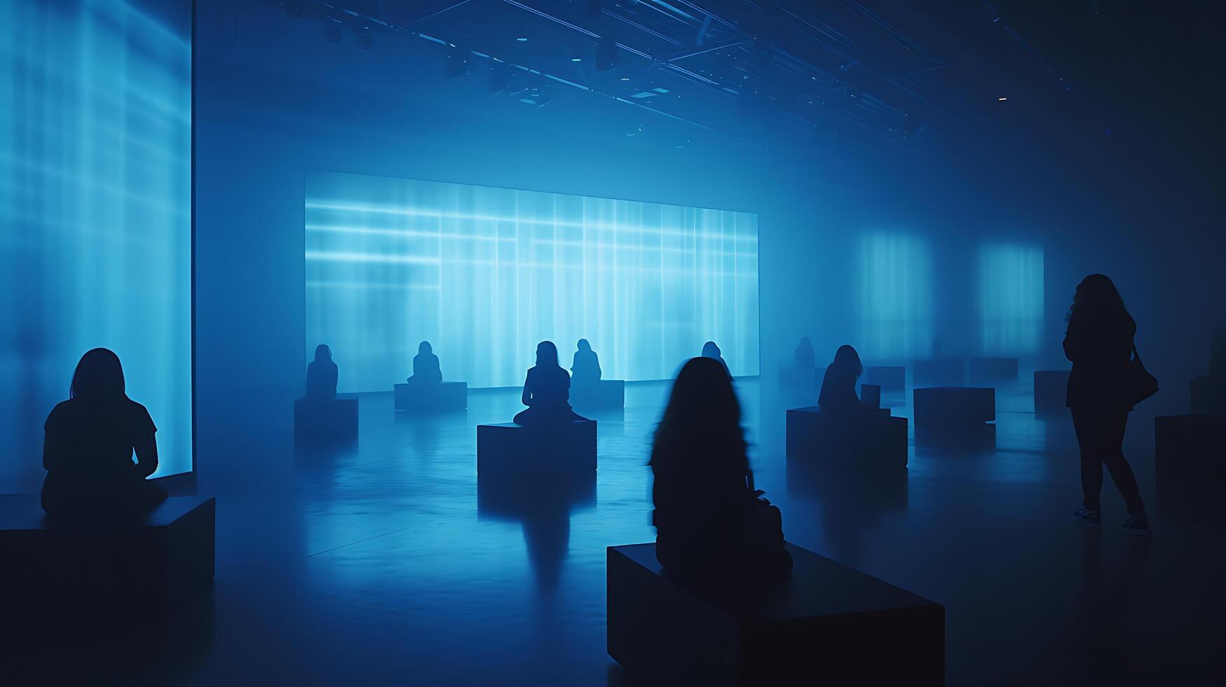 AI generated Digital Screens Illuminate Silhouettes in Intimate Space Blurring Boundaries of ModernDay Relationships photo