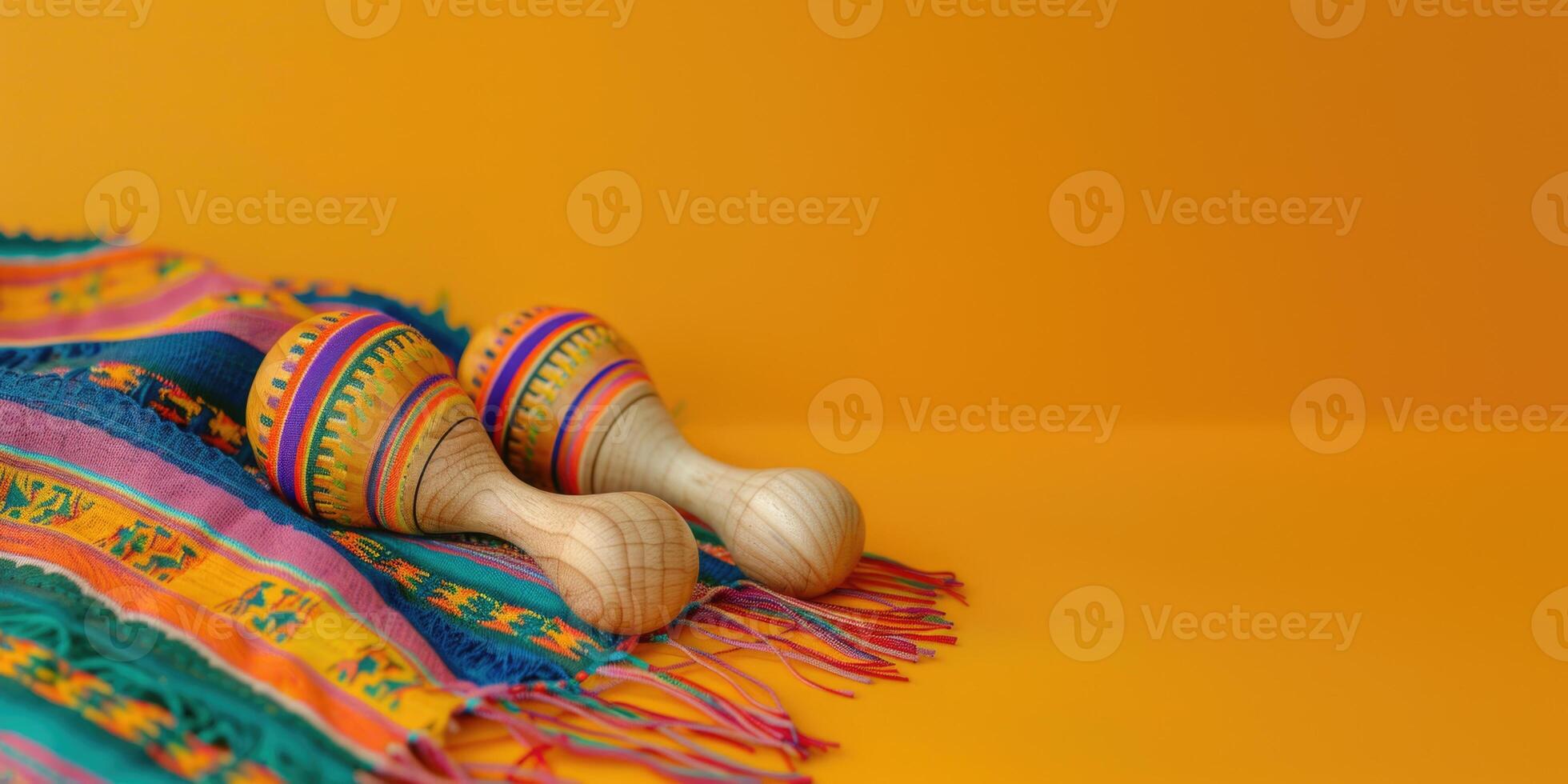 AI generated Mexican maracas and ponchos. Saltillo Serape Blanket. Cinco de Mayo background with copy space photo
