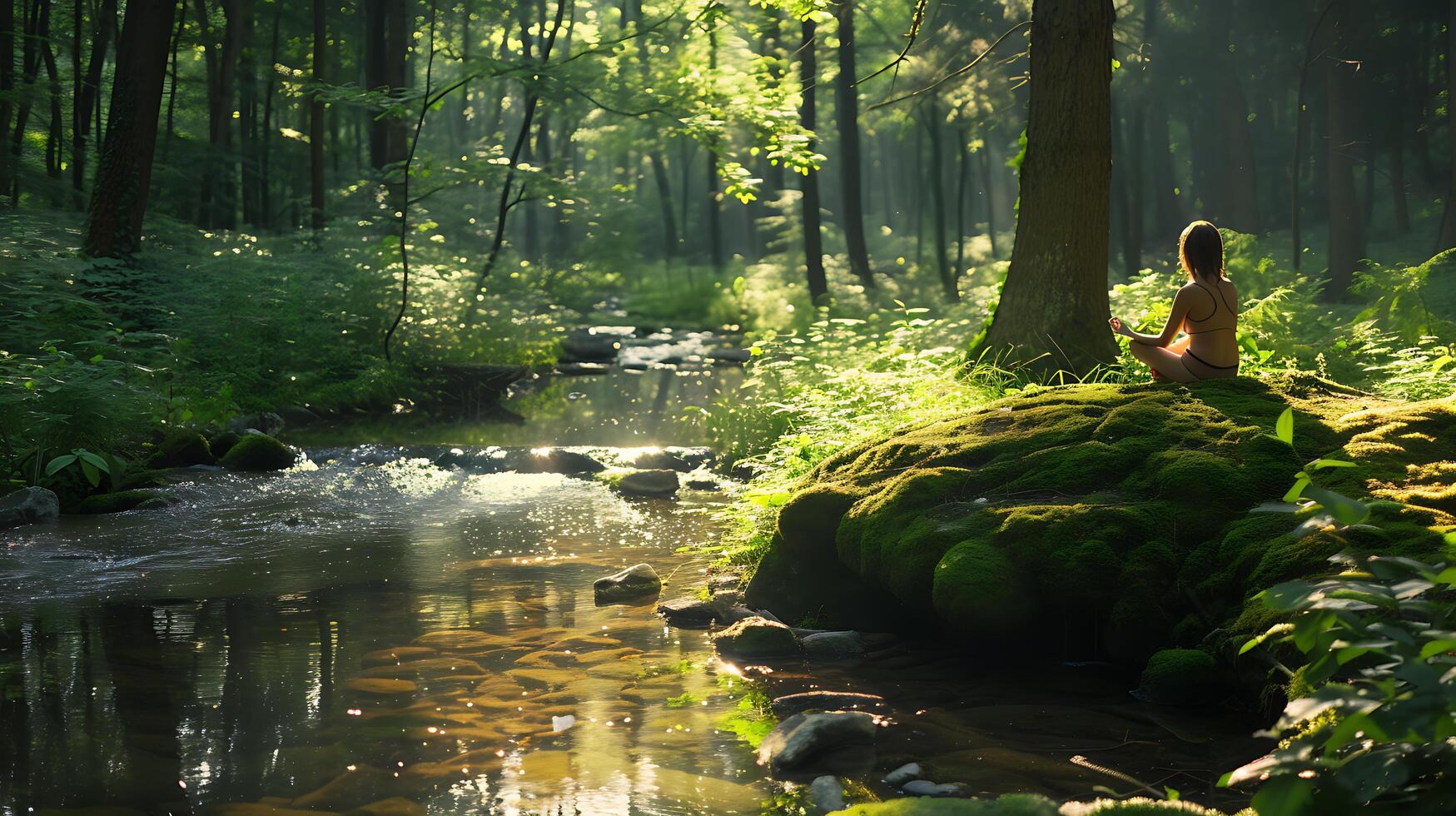 AI generated Tranquil Forest Meditation Warm Morning Glow Wildflowers and Streaming Serenity photo