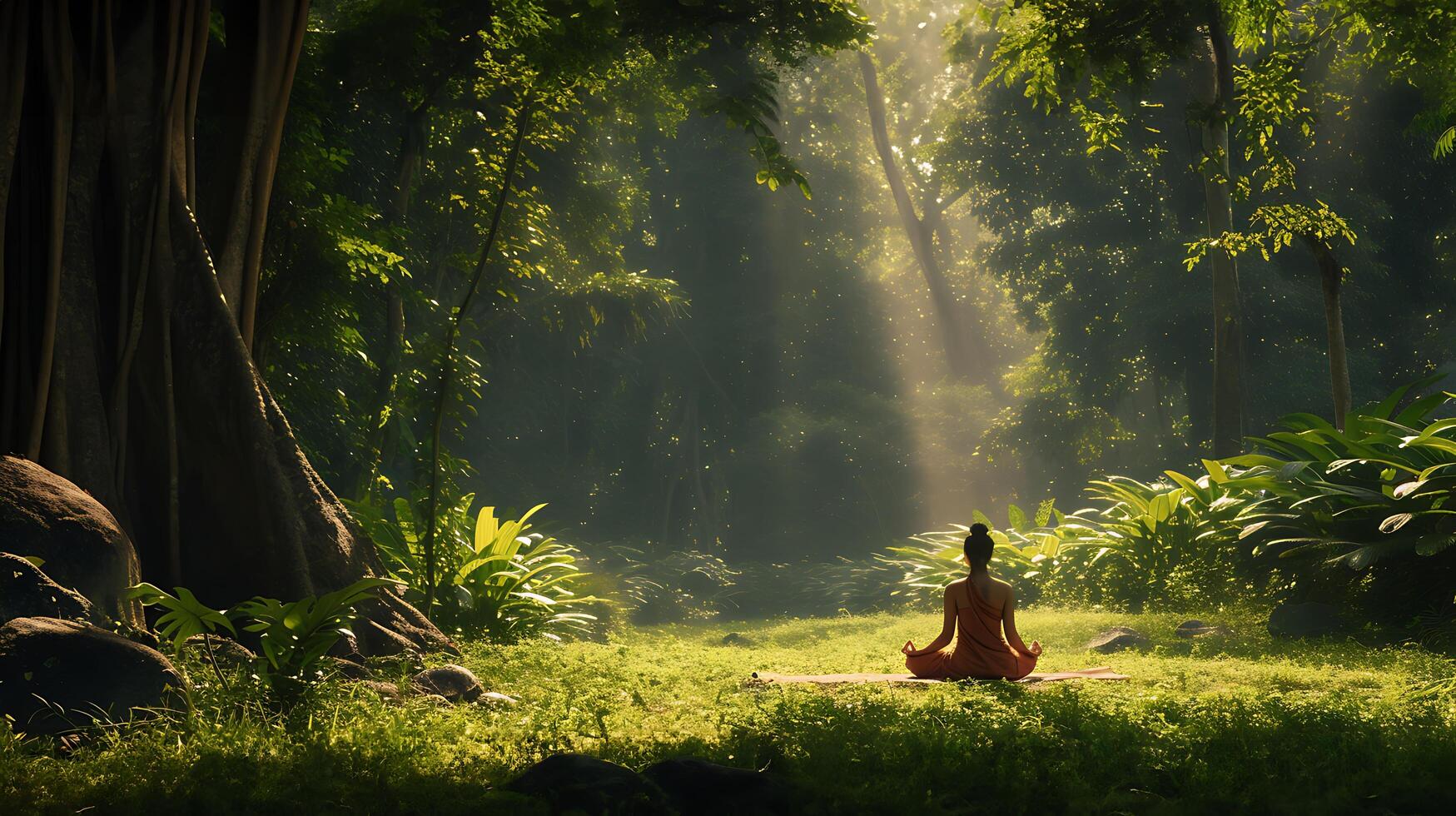 AI generated Tranquil Forest Gathering Friends Embrace Natures Serenade Engaged in Conversation Free from Digital Distractions photo
