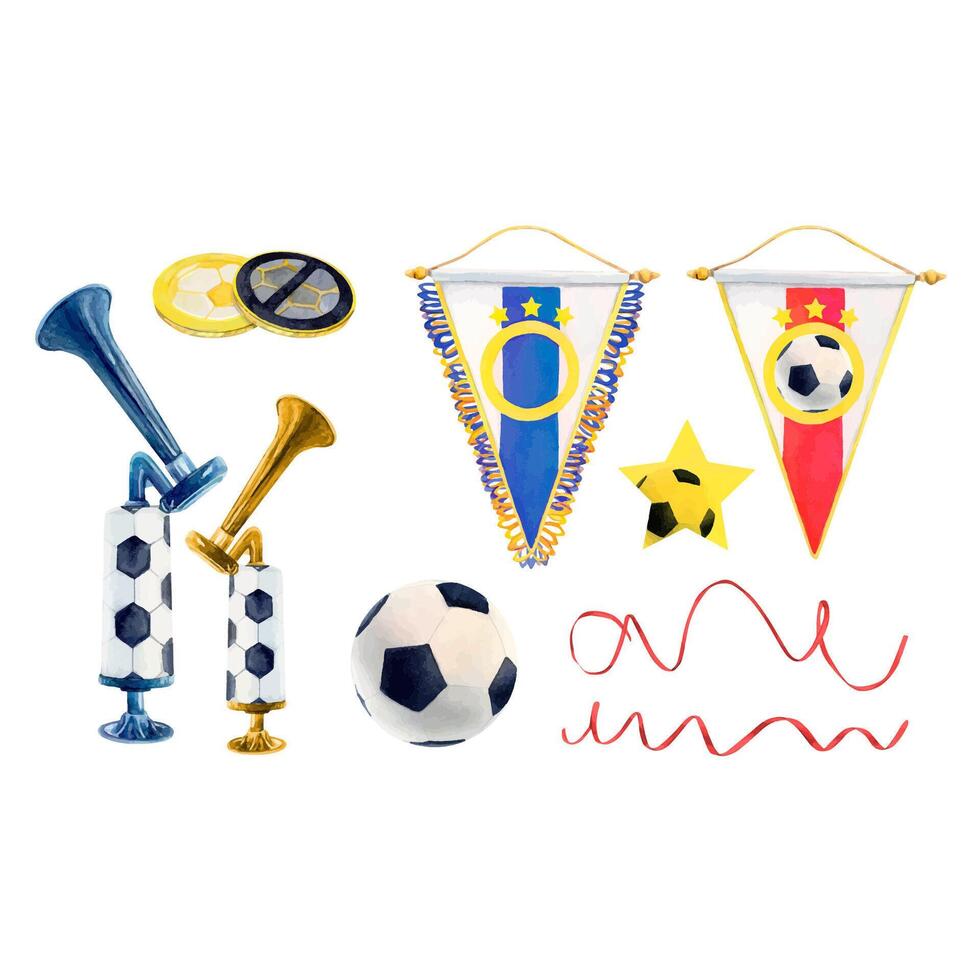 Soccer football horn token watercolor drawing. Star line pennant streamer. Pentagon ball tube. Sports gear train team. Player fan vuvuzella vector