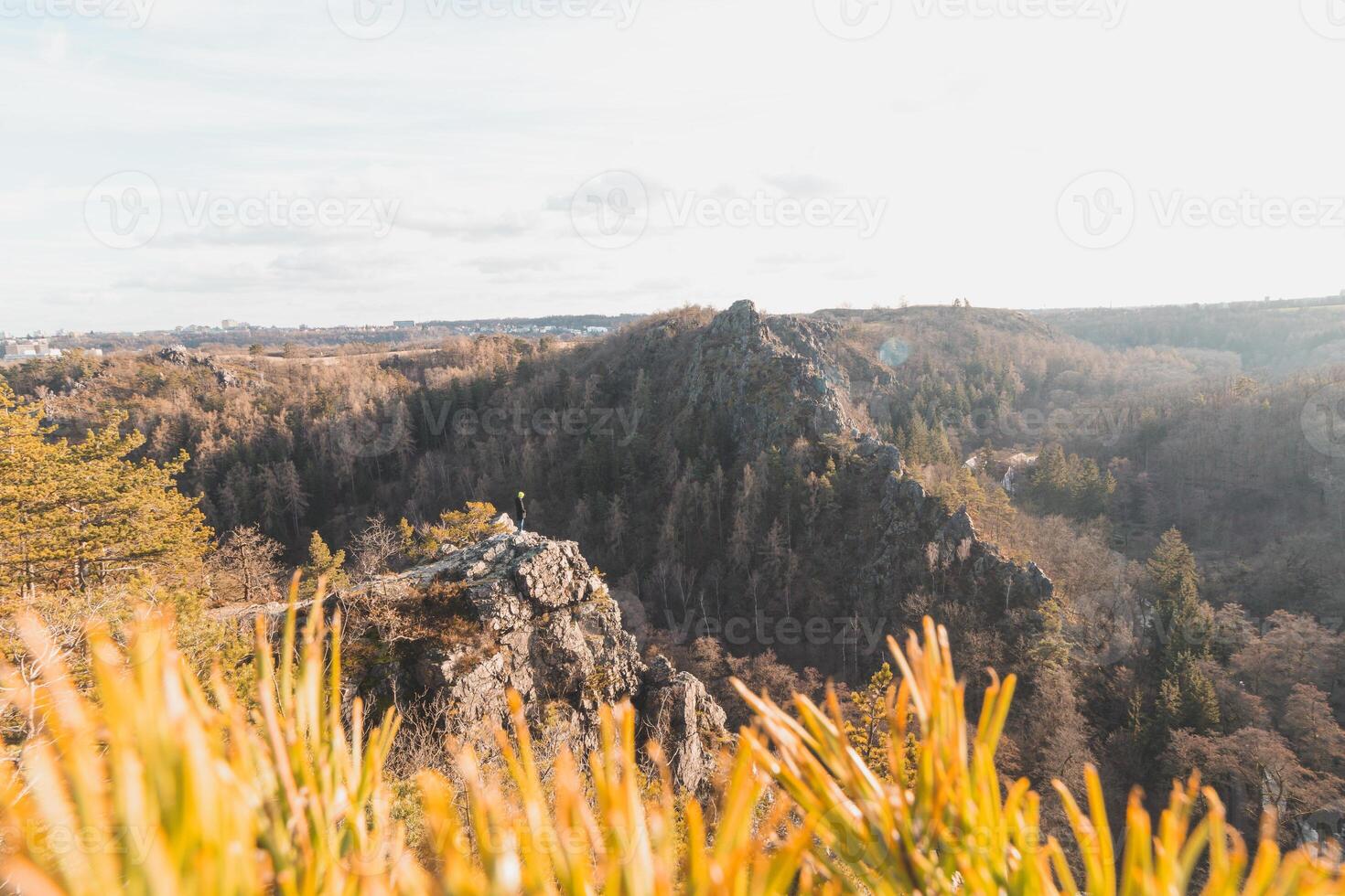 montañoso y rocoso ambiente de el divoká sarka Valle en el del Norte parte de Praga durante puesta de sol. el belleza de el capital de el checo república foto