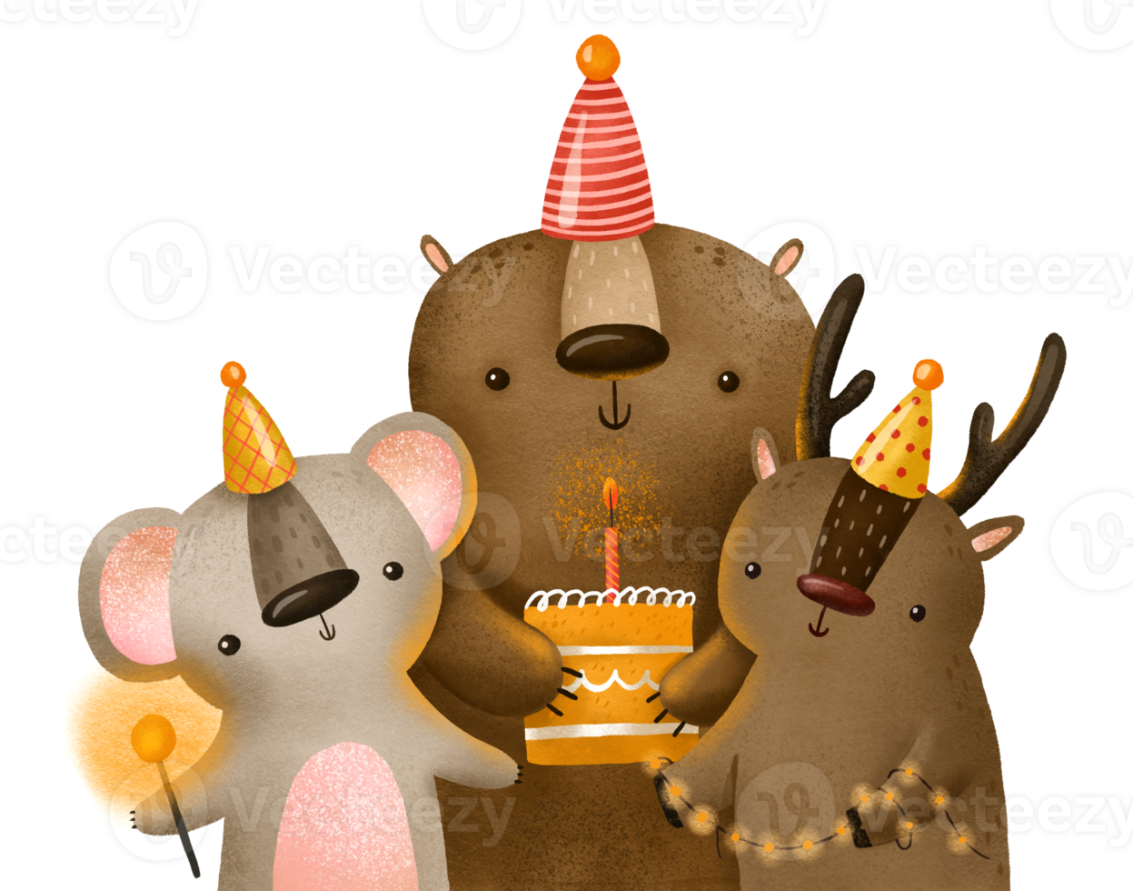 Forest animals celebrate their birthday. Bear, deer and mouse at a birthday party with cake and festive deokr. Cute children's illustration. Hand drawn holiday sticker with white stroke png