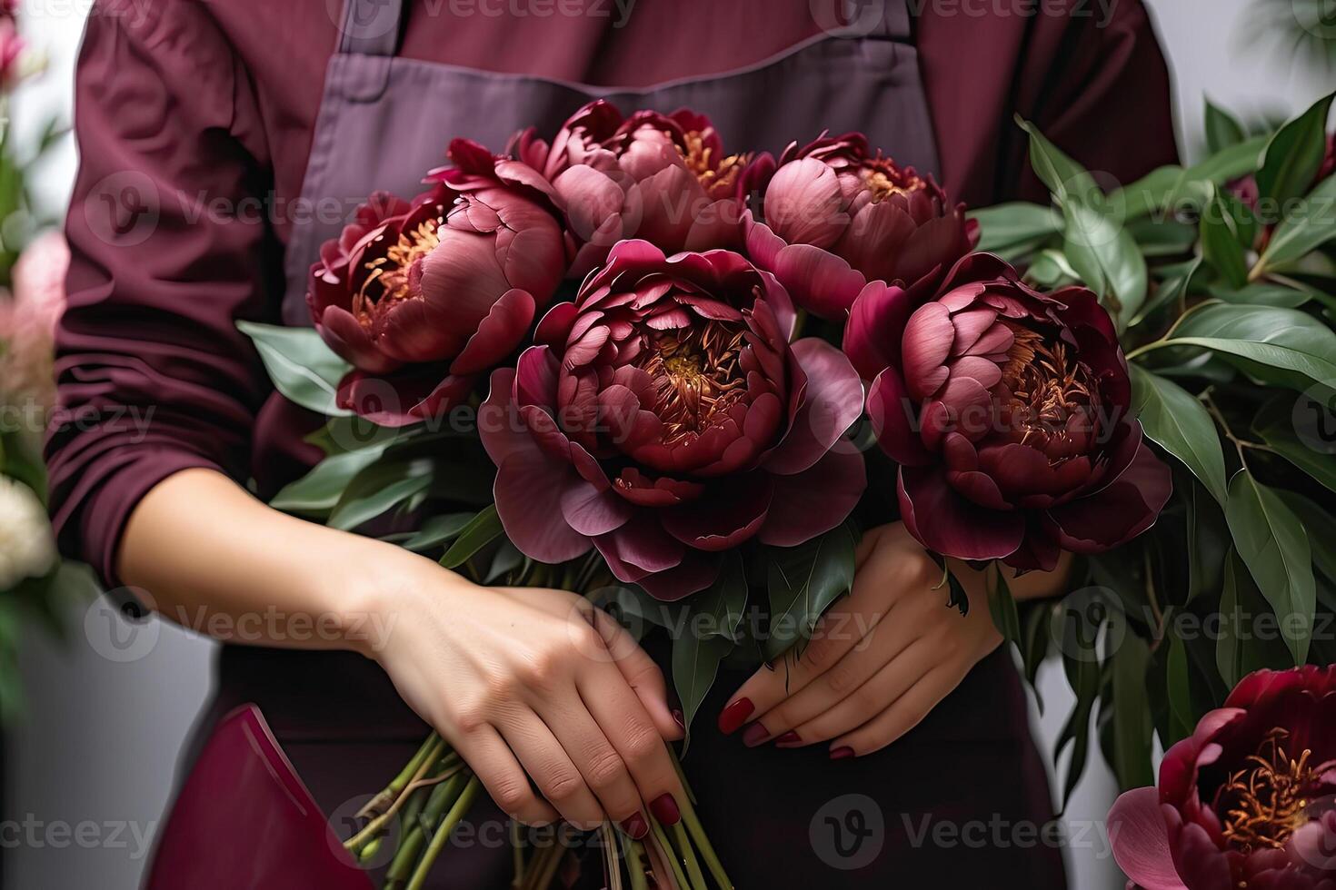 AI generated A female florist collects a bouquet of pions- fresh cut flowers in boxes and vases in a warehouse and racks for sale, delivery for the holiday. Spring, March 8, women's Day, birthday. photo