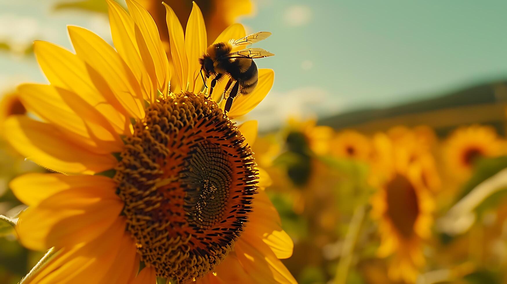 ai generado abeja poliniza vibrante girasol en suave natural ligero rodeado por floreciente campo y claro azul cielo foto