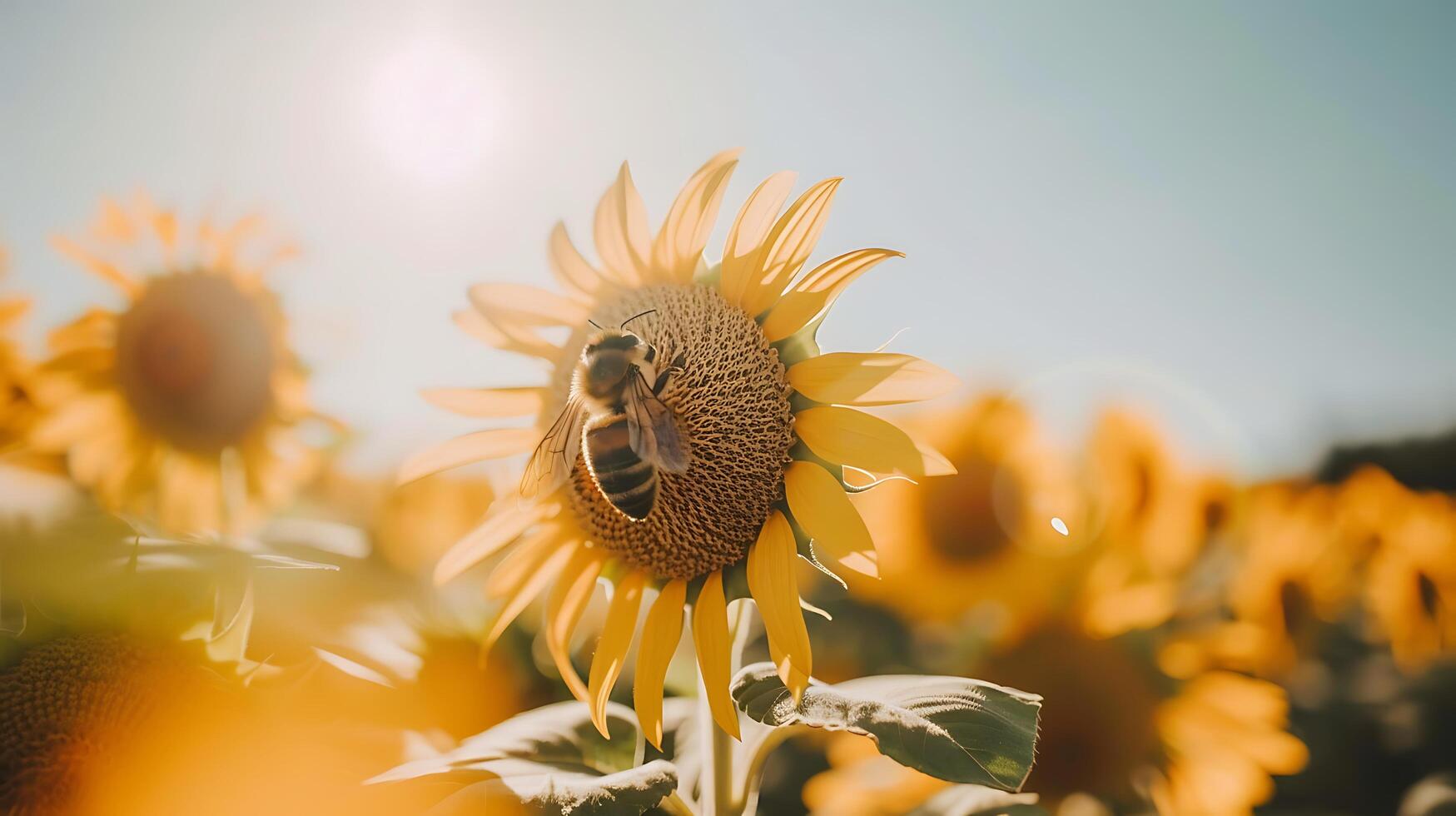 ai generado abeja polinizando vibrante girasol enmarcado por borroso campo y claro azul cielo iluminado por suave natural ligero foto