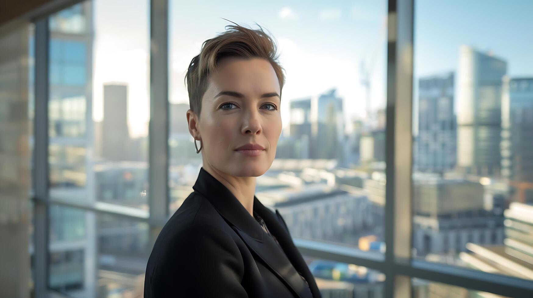 AI generated Confident Businesswoman Strategically Holds Tablet in Modern Office Overlooking City Skyline photo