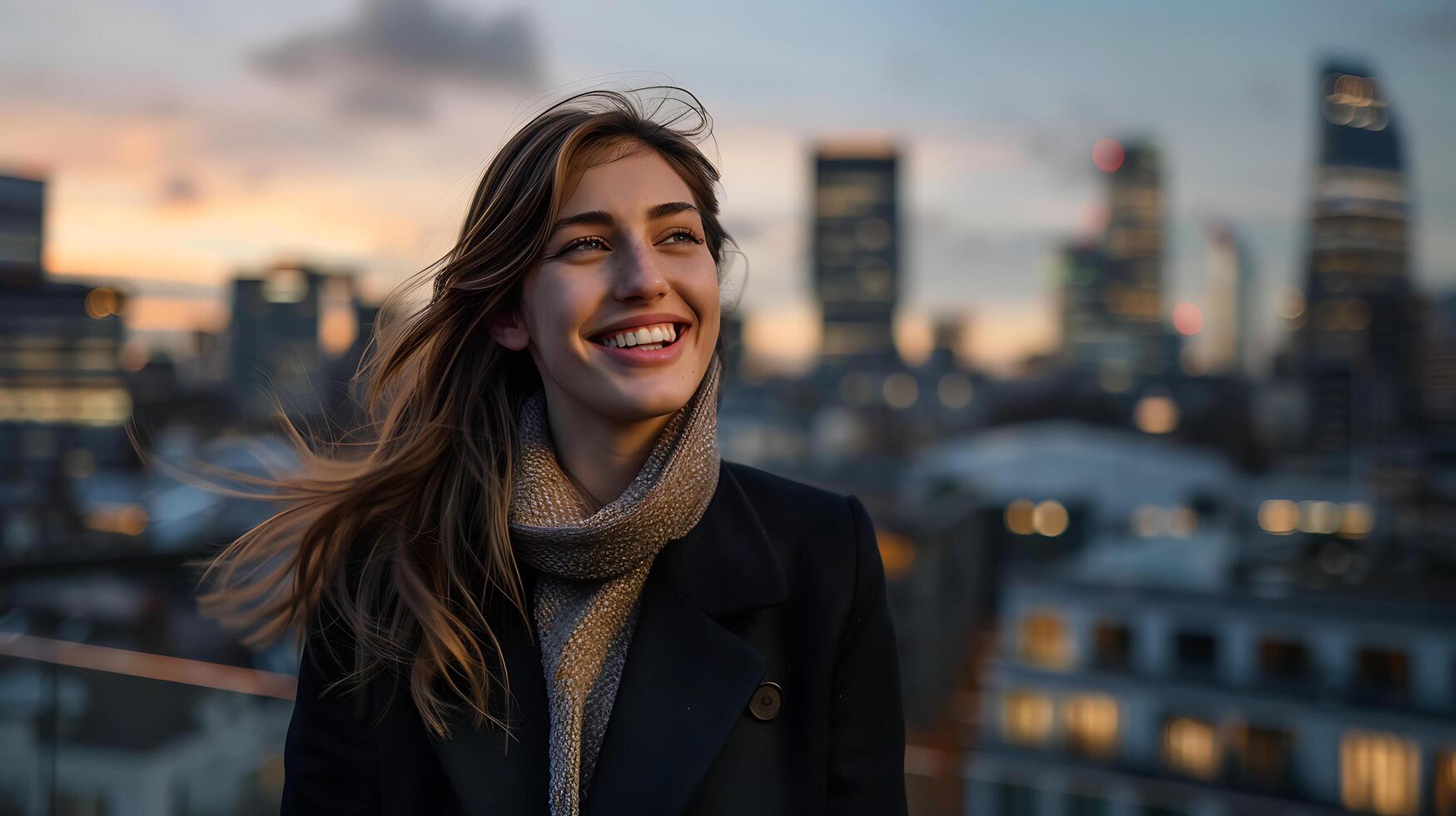 AI generated Confident Young Businesswoman Radiates Success Against City Skyline Background photo