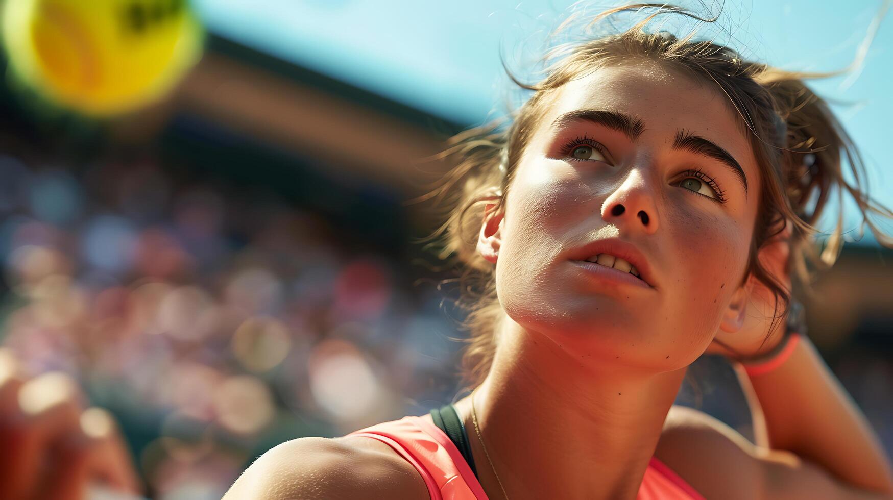 AI generated Intense Concentration Female Tennis Player Midserve Captured in Closeup with Blurred Tennis Court Background photo