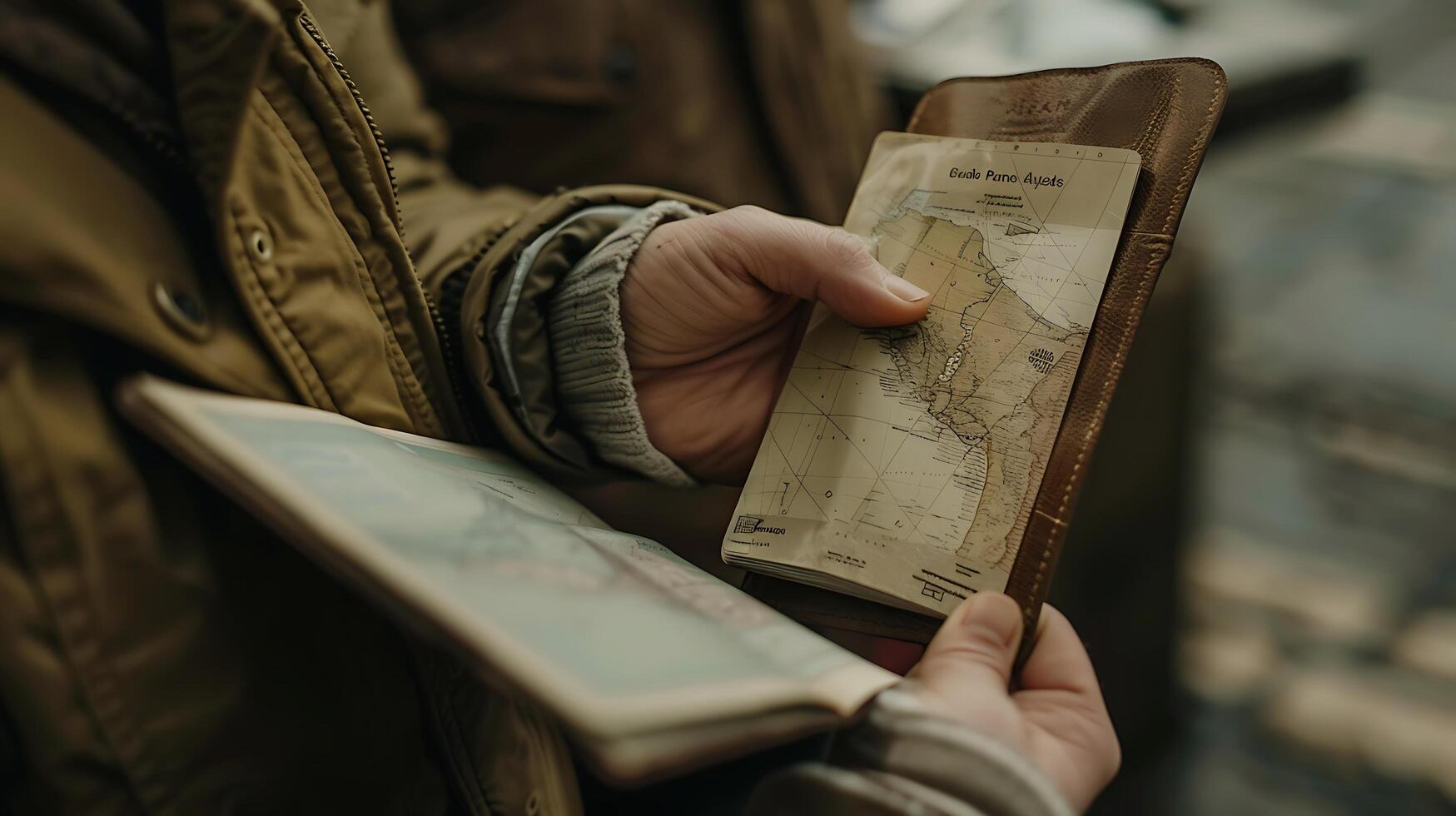 AI generated Travel Ready Hand Holding Passport Boarding Pass  Map Bathed in Soft Natural Light photo