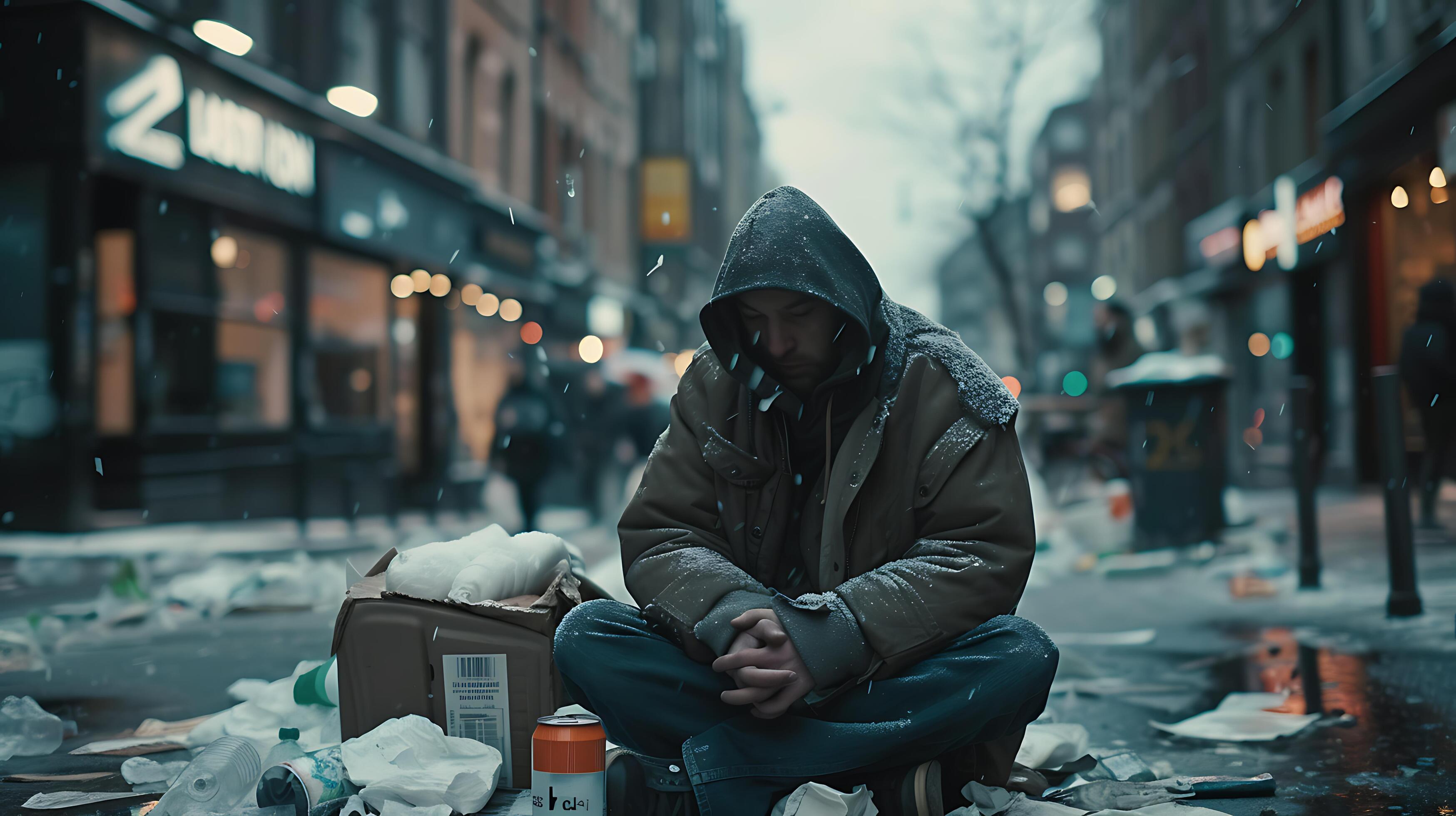AI generated Homeless Person Huddled in Urban Corner Surrounded by ...