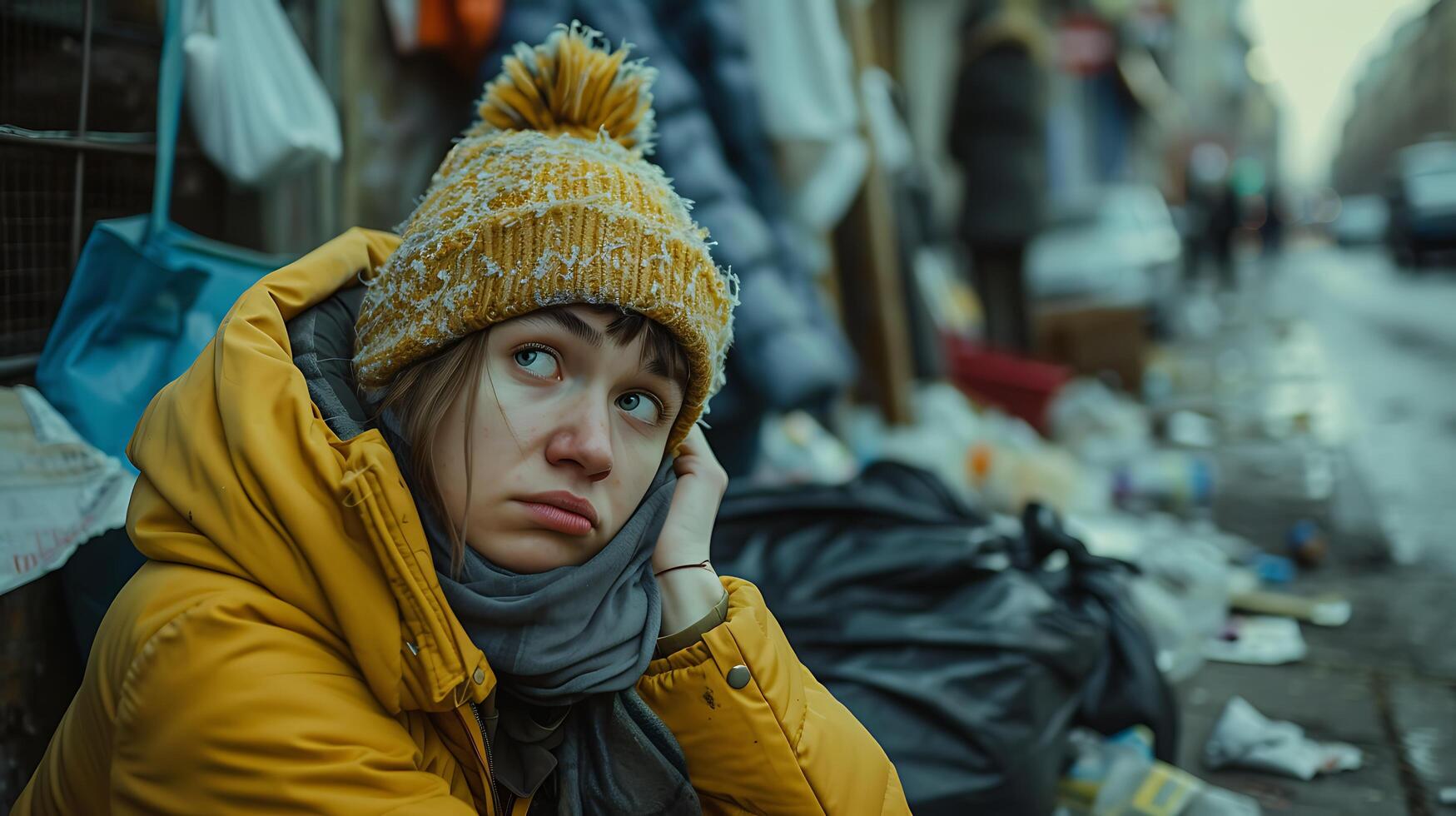 AI generated Homeless Person Sits Among Urban Debris Surrounded by Signs and Cans photo